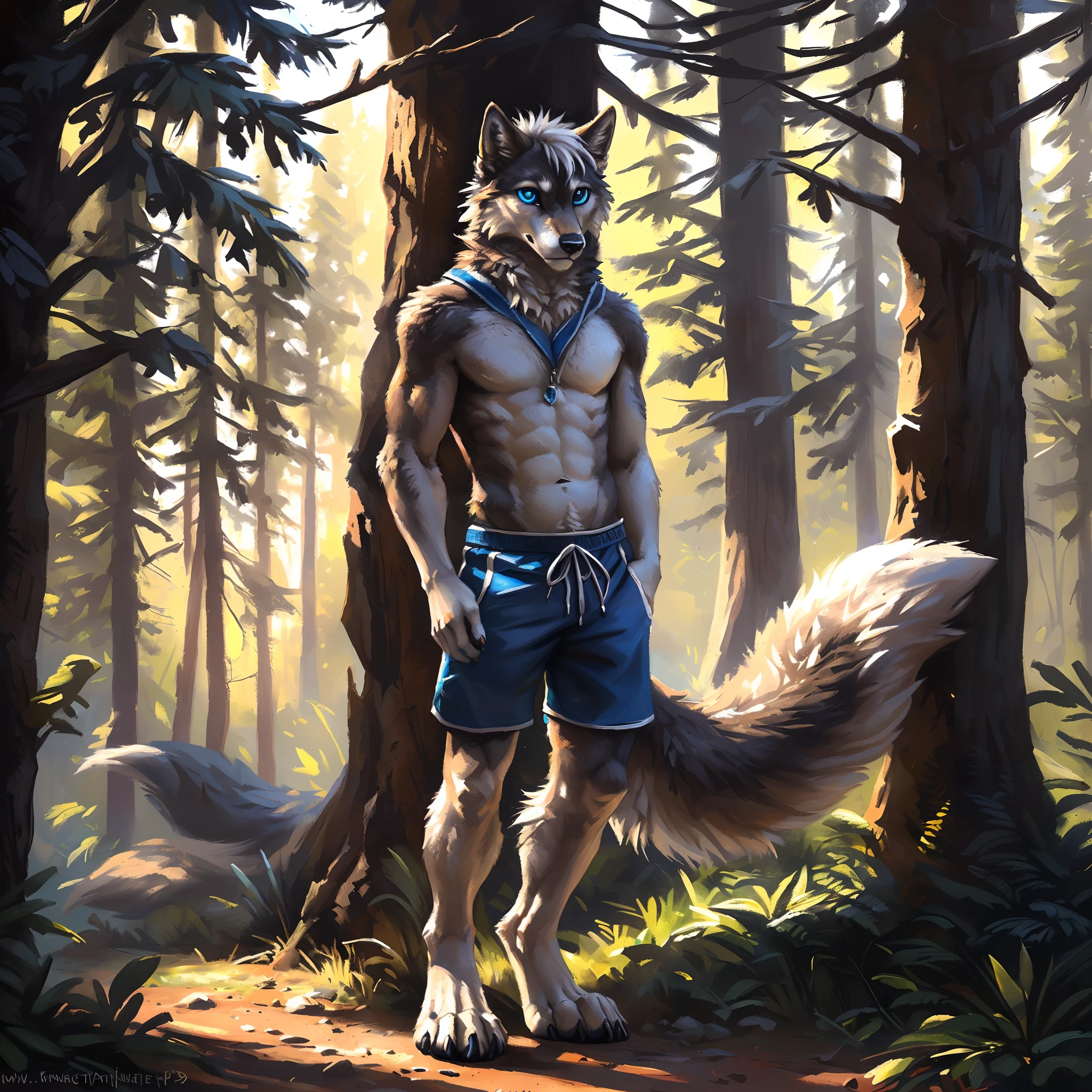 ((Solo)), male people, anthro wolf, (Multi-colored fur, White-brown:1.3,White tail pointed), ((Wolf face, White hair, Big eyes, White eyelids, Blue pupil, Slim:1.2) (Tough, Calm expression:1.2)), Abs, Slim, pinging)), (Correct anatomy), (Work shorts:1.1), The upper body is naked, (detailed outfits),A big tail,Feet,(Realistic fur, Detailed fur texture, labeled:1.3)), (Natural lighting), Photorealistic, Hyperrealistic, ultradetailed, by Kenket,ln the forest,No artificiality
