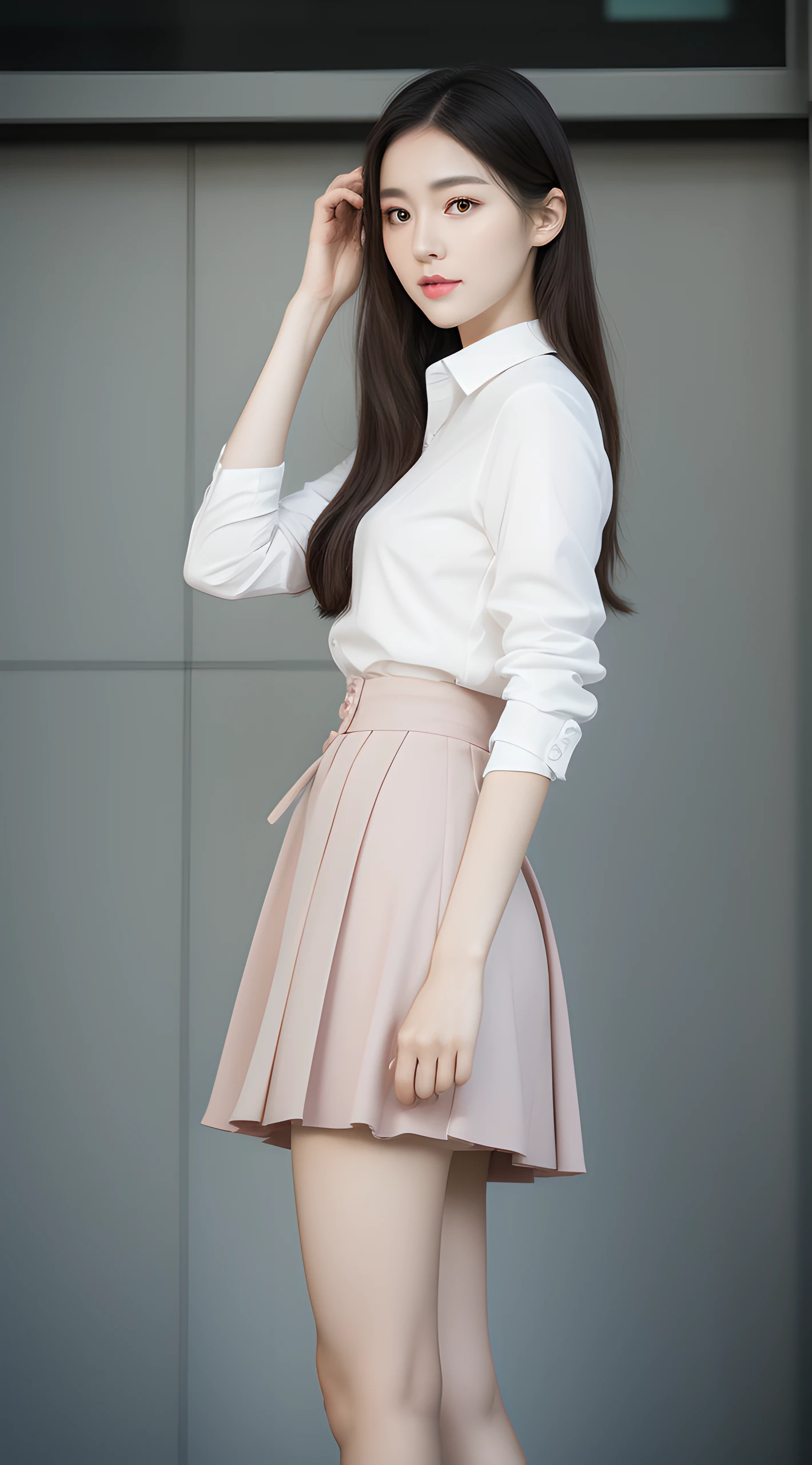 ulzang-6500-v1.1, (RAW photo:1.2), (Photorealistic:1.4), Beautiful detailed girl, Very detailed eyes and face, Beautiful detailed eyes, Super detailed, high resolution, Very detailed, Best quality, Full body street photography
外貌:
- Slender and curvy,Taller than normal,The tall figure stands out in the office。
- High nose bridge and well-defined features,Let her face radiate natural elegance and intelligence。
- Big shiny eyes,Bright as the stars,Reveals a dynamic glow。
- Smooth skin,Looks delicate and healthy,It adds a touch of mystery to her。
Makeup:
- Light and natural makeup,Highlight her native beauty,It makes people feel that she can confidently show her charm without too much embellishment。
- Slender and shaped eyebrows,Neatly outlined her eyes,Highlight her temperament and confidence。
- Apply light pink lipstick,Soft and charming,It adds a touch of playfulness。
clothes:
- High-quality professional wear,Cut to fit,Show her elegant and professional side。Classic black or dark gray suit with white shirt,It reflects her confidence and sense of authority。
- The slender and slim curve of the legs is accentuated in the well-fitting skirt or shorts,It gives an impression full of confidence and charm。
- Accessories are simple and sophisticated,For example, a carefully selected watch or necklace,Add a delicate touch to the overall look。