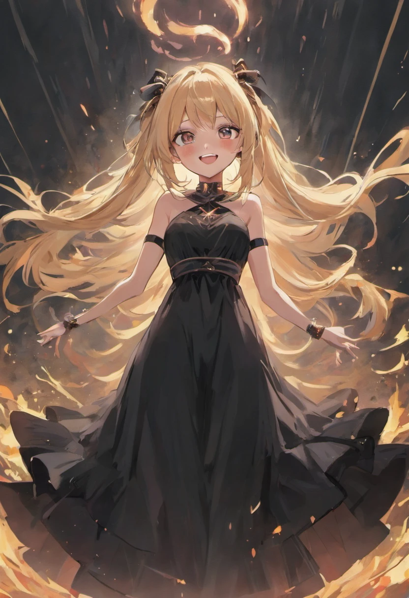 An evil girl，long whitr hair，Wearing a long black dress，evil grin smile，Dark style