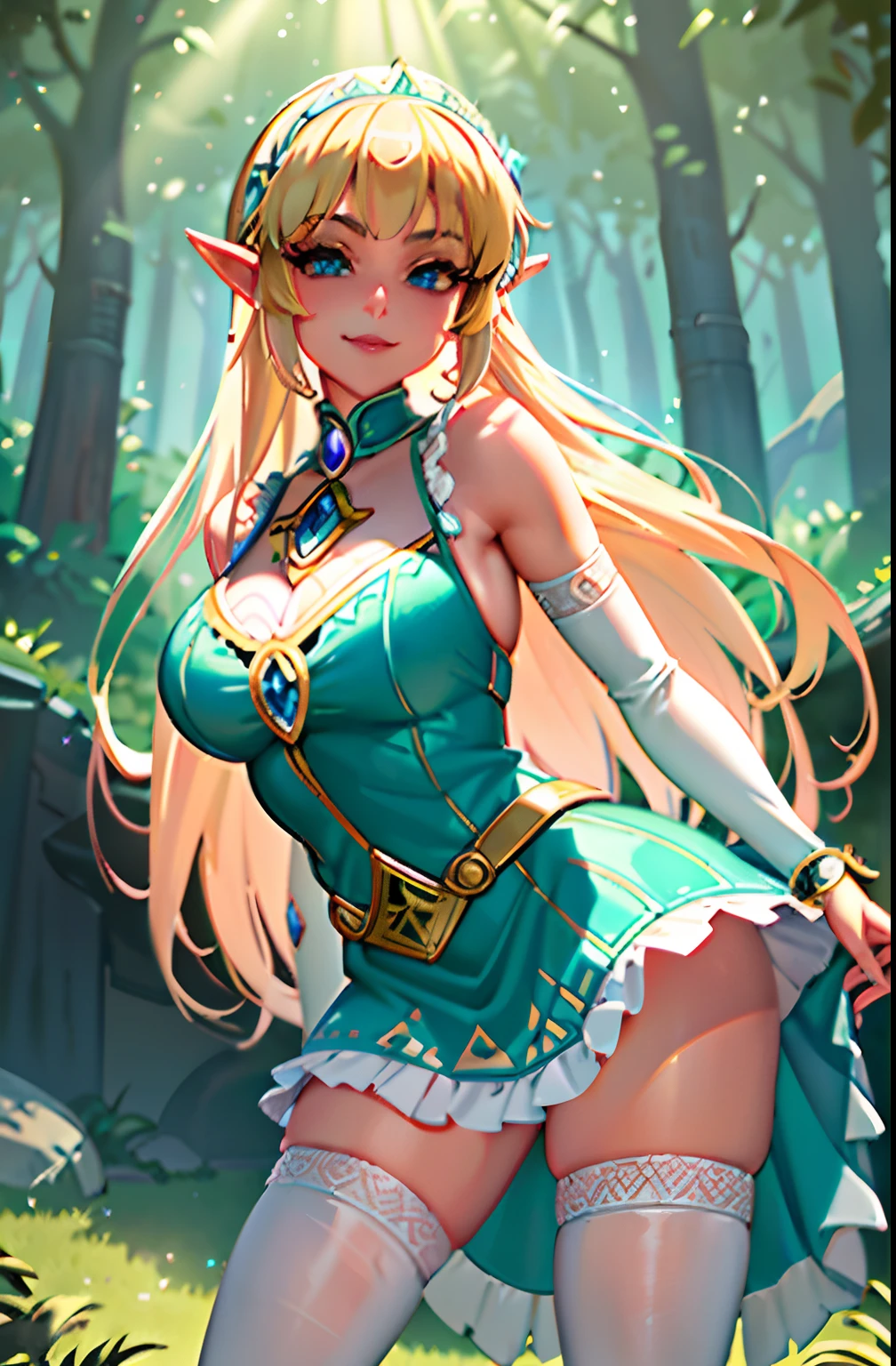 (best quality,4k,8k,highres,masterpiece:1.2),ultra-detailed,realistic:1.37,anime,naughty Zelda from Breath of the Wild,having piercing blue eyes,long blonde hair flowing in the wind,in a seductive pose,surrounded by vibrant green leaves and tall trees,moss-covered rocks,sparkling rays of sunlight penetrating through the canopy,creating magical light and shadow patterns,giving a dreamy atmosphere to the scene. She is dressed in a revealing yet tasteful outfit,accentuating her curves,with a short skirt,dainty lace details,and intricately designed armor pieces on her shoulders and boots. Zelda holds a long, shiny dildo sword that glows with a magical aura,its intricate carvings and gemstone embellishments reflecting her royal heritage. In her other hand, she carries an elegant, sturdy shield adorned with the emblem of Hyrule. Her mischievous smirk and confident gaze reveal her naughty side,as she prepares for an adventurous journey deep into the enchanted forest.