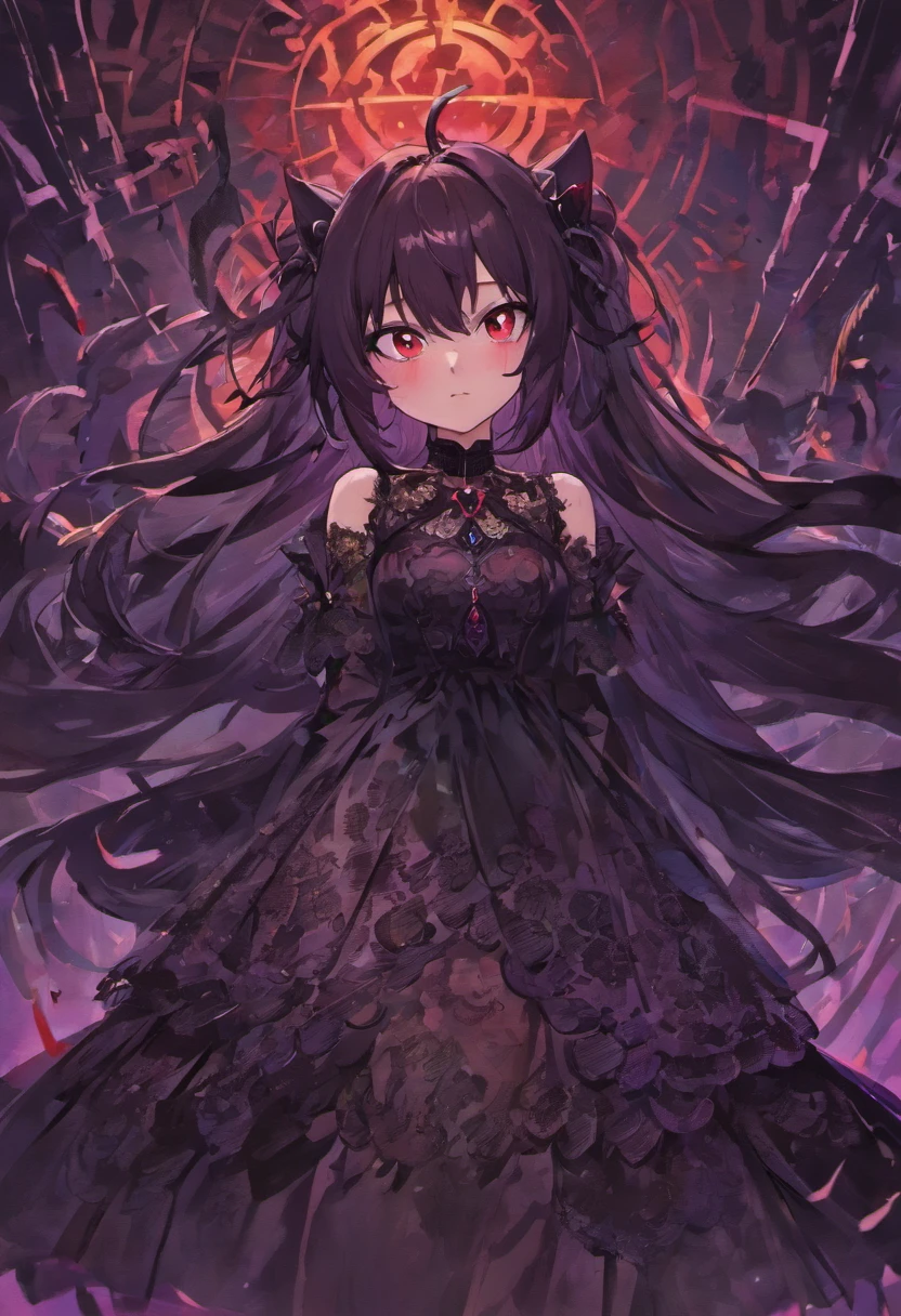 Evil long-haired girl,Wearing a long black lace dress,Shoulders exposed,evil grin smile,Be red in the face,(((((Lie down in bed)))),(((((unholy))))),red color eyes,cat ear,(((mystical ambiance))),(((Dark style))),((((Side of the character))))