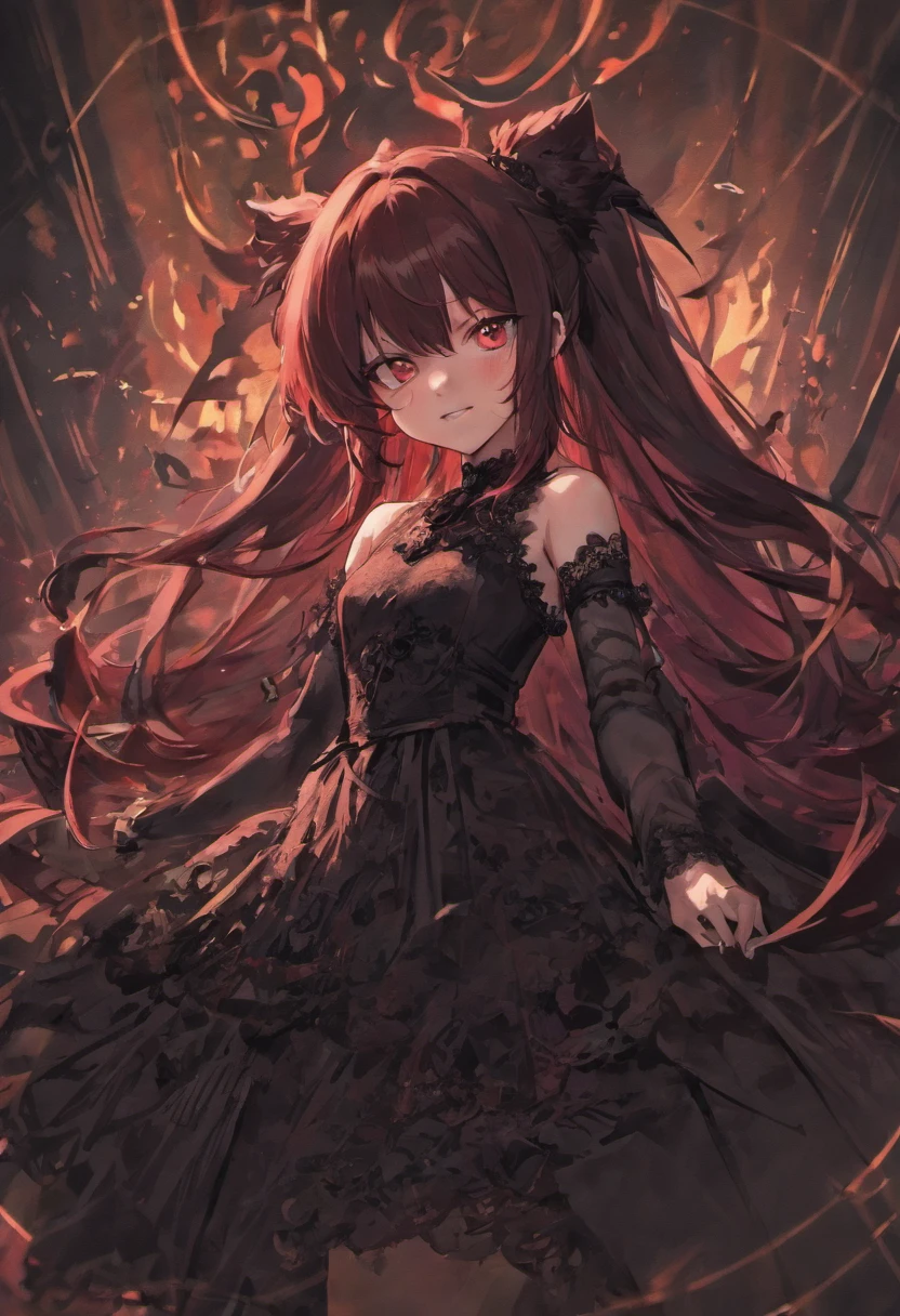 Evil long-haired girl，Wearing a long black lace dress，Shoulders exposed，evil grin smile，Be red in the face，(((((Lie down in bed))))，(((((unholy)))))，red color eyes，cat ear，(((mystical ambiance)))，(((Dark style)))，((((Side of the character))))