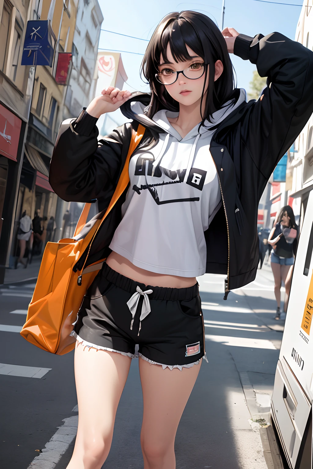 (masterpiece, best quality), 1girl, beautiful face, black hair, glasses, hoodie, baggy shorts, shorts, shy, quiet