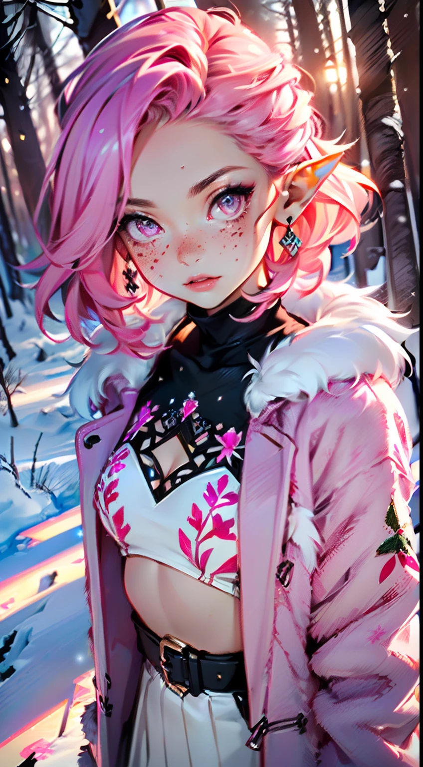 cute elf,(((little ,tiny little body,little))),(((6 years old))),((anime elf with extremely cute and beautiful fuchsia hair)), (((elf))), (((elf ears))),
(((flat chest))),((((fuchsia hair:1.35,short fuchsia hair,colored inner hair,ear breathing)))),(((pink_eyes:1.3))),intricate eyes,beautiful detailed eyes,symmetrical eyes,big eyes:1.5,(((freckles on the face,freckles,freckled girl))),(((lustrous skin:1.5,bright skin: 1.5,skin tanned,shiny skin,very shiny skin,shiny body,plastic glitter skin,exaggerated shiny skin,illuminated skin))),(delicate detailed fingers,detailed body,(detailed face)),
cute,slutty,erotic,daring,((nsfw)),
zettai ryouiki,revealing clothing,show skin,(((Sexy pink fur coat, pink fur coat outfit, wearing a pink fur coat:1.3,pink winter coat))),((pink mini-skirt,pink mini skirt with furry edge,visible thong straps)),((underpants strap)),(white gloves,pink clothes,semi-naked,with little pink clothing,(((furry edge clothing)))),(((intricate outfit,intricate clothes,embroidered outfit,ornate outfit,embroidered clothes,ornate clothes))),
(dynamic pose:1.0),embarrassed,(centered,scale to fit dimensions,Rule of thirds),
((snowy pine forest)),winter,scenery:1.25,((intricate scenery)),((snow forest background)),Christmas tree,
(Glossy winter ornaments),highres,sharp focus,(ultra detailed,extremely detailed),(photorealistic artwork:1.37),(extremely detailed CG unity 8k wallpaper),(((vibrant colors,vibrant theme))),(intricate),(masterpiece),(best quality),