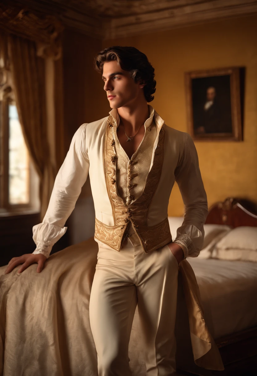 realistic, masterpiece, open shirt young handsome man 20 year old, detailed background, depth of field, cinematic, pectorals, abs, , open shirt, dramatic lighting, photo of a handsome (regency era man) in bedroom, window, volumetric light, poster art photography, palace room