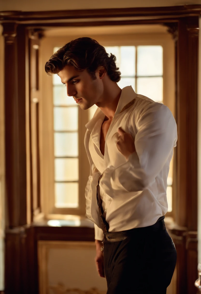 realistic, masterpiece, intricate details, detailed background, depth of field, cinematic, pectorals, abs, , open shirt, dramatic lighting, photo of a handsome (regency era man) in bedroom, window, volumetric light, poster art photography