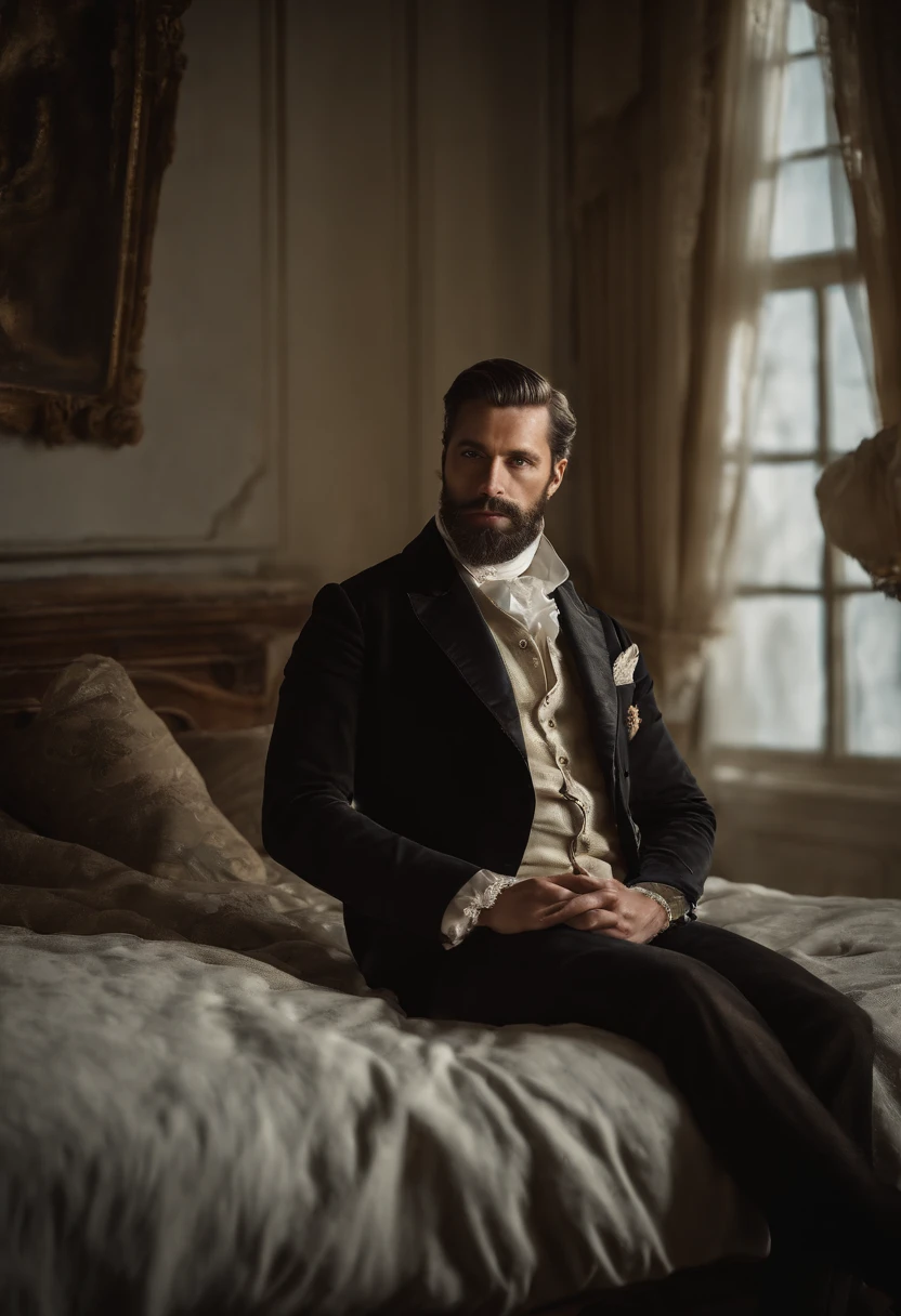 realistic, masterpiece, intricate details, detailed background, depth of field, cinematic, pectorals, abs, , open shirt, dramatic lighting, photo of a handsome (regency era man) in bedroom, window, volumetric light, poster art photography