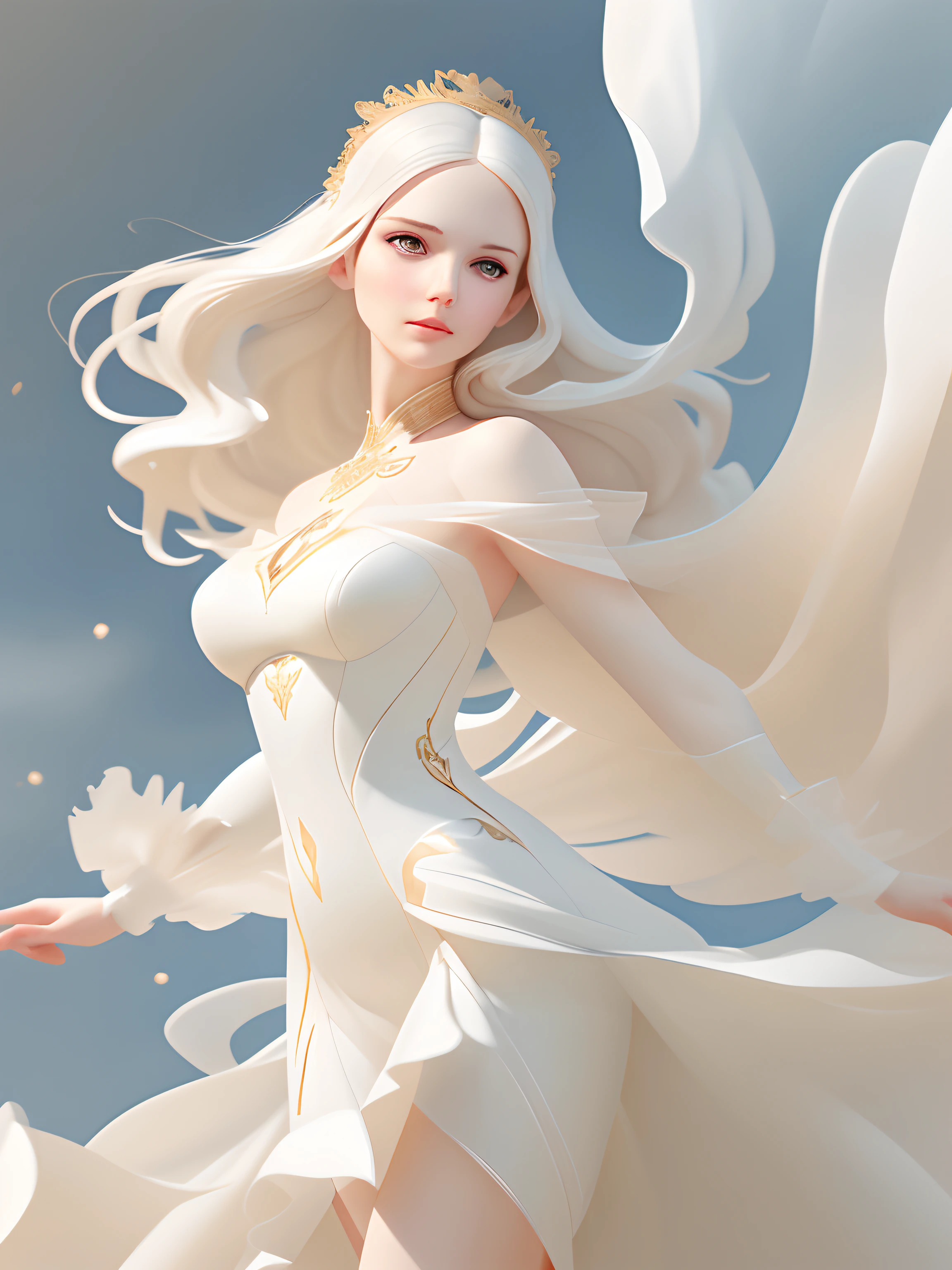 Beautiful woman , white and gold Marble print dress,dancing in the clouds, vintage, digital illustration, comic style, perfect anatomy, centered, dynamic, detailed, watercolor painting, artstation, concept art, smooth, sharp focus, illustration,(soft light, sharp), professional photograph, (cinematic look), intricate details, soft cinematic light, (highly detailed skin:0.5), (bad flash), (skin texture:1.2), lowra