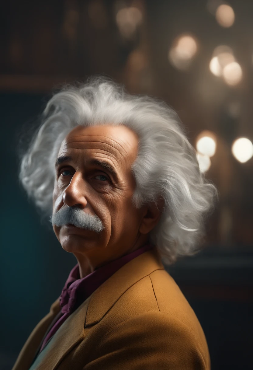 Crie um personagem realista como Albert Einstein com cabelos colorido, full collor