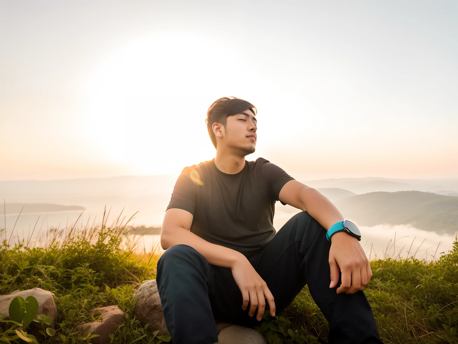 there is a man sitting on a rock in the grass, amidst nature, sitting in a field, taken with canon 8 0 d, taken with sony alpha 9, very very high quality picture, sitting on the ground, photo taken with canon 5d, casual photography, candid picture, with earth in the background, very artistic pose, with a cool pose,Generate an anime-style portrait of a young character with big eyes, colorful hair, and a cute expression, more detailed nature, beautiful atmosphere, lovely environment, ultra realistic.