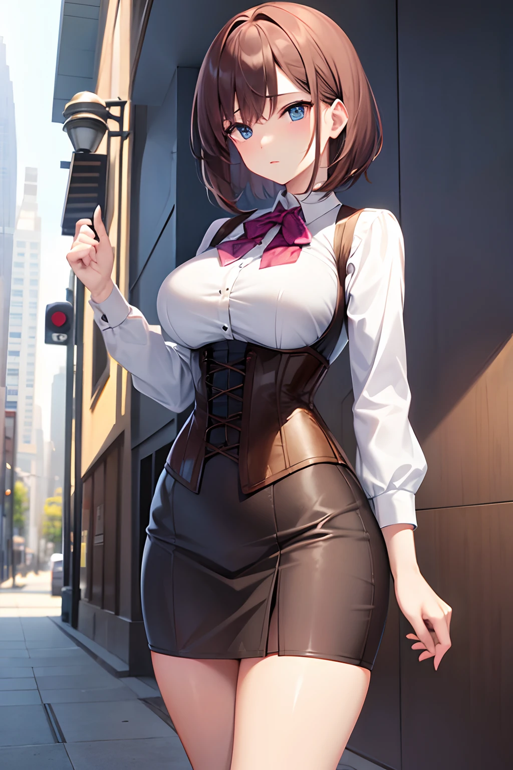 shirt, corset, cityscape, brown hair, short skirt, wide hips, blue eyes,