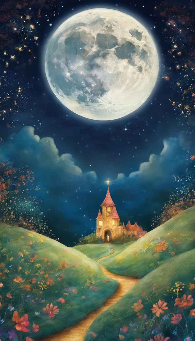 uma imagem noturna no campo, Starry sky and full moon
