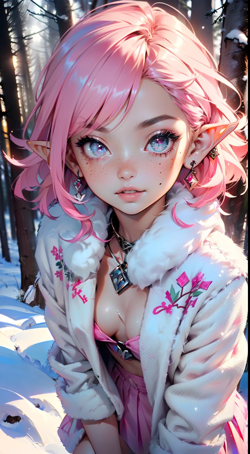 Cute elf ,(((petite loliy body,Little))),(((6 years ime elf loli with very cute beautiful fuchsia hair)), (((elf))), (((elf ears))),
(((flat chest))),((((Fuchsia hair:1.35,Short fuchsia hair,colored inner hair,Ear breathing)))),((pink eyes:1.5,intricate eyes,beautiful detail eyes,Neon-colored eyes:1.5,glowing eyes,symmetric eyes,big eyes)),(((freckles on her face,freckles,Freckled girl))),(((sparkly skin:1.5,Bright skin: 1.5,suntanned skin,sparkly skin,Very shiny skin,shiny body,Plastic Skin Shine,exaggerated shiny skin,Lightened skin))),(tender, Detailed fingers,Detailed body,human hands,(Detailed Face)),
Cute,slutty,Erotic,courageous,(((NSFW))),
zettai ryouiki,Revealing clothes,Show skin,(((Sexy pink fur coat, pink fur coat outfit, Wearing a pink fur coat:1.3,Pink winter coat))), ((pink mini skirt,Pink mini skirt with fluffy edge,Visible thong straps)),(white gloves,pink clothes,half naked,with little pink clothes,((((Clothes with fluffy edges)))),(((intricate outfit,intricate clothes,Embroidered outfit,ornate outfit))),
(dynamicpose:1.0),Embarrassed,(centered,scale to fit the dimensions,the rule of thirds),
((Snowy pine forest at night)), with dark storm clouds,winter,scenery:1.25,((Prehistory of the snow-covered forest)),Christmas tree,
hight resolution,sharp-focus,(Ultra Detailed,Extremely detailed),(Photorealistic works of art:1.37),(extremely detailed CG unity 8k wallpaper),(((bright colours,A striking theme))),(Intricate),(Masterpiece),(Best Quality),
