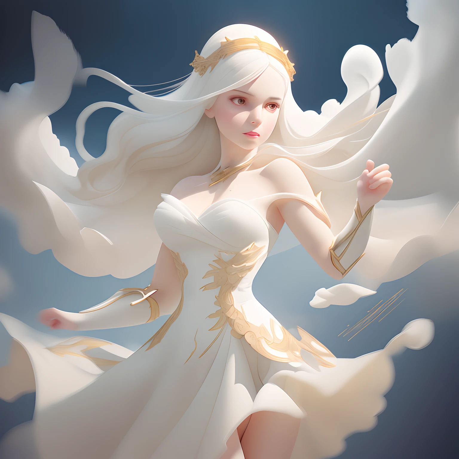 white and gold Marble print dress,dancing in the clouds, vintage, digital illustration, comic style, perfect anatomy, centered, dynamic, detailed, watercolor painting, artstation, concept art, smooth, sharp focus, illustration,(soft light, sharp), professional photograph, (cinematic look), intricate details, soft cinematic light, (highly detailed skin:0.5), (bad flash), (skin texture:1.2), lowra