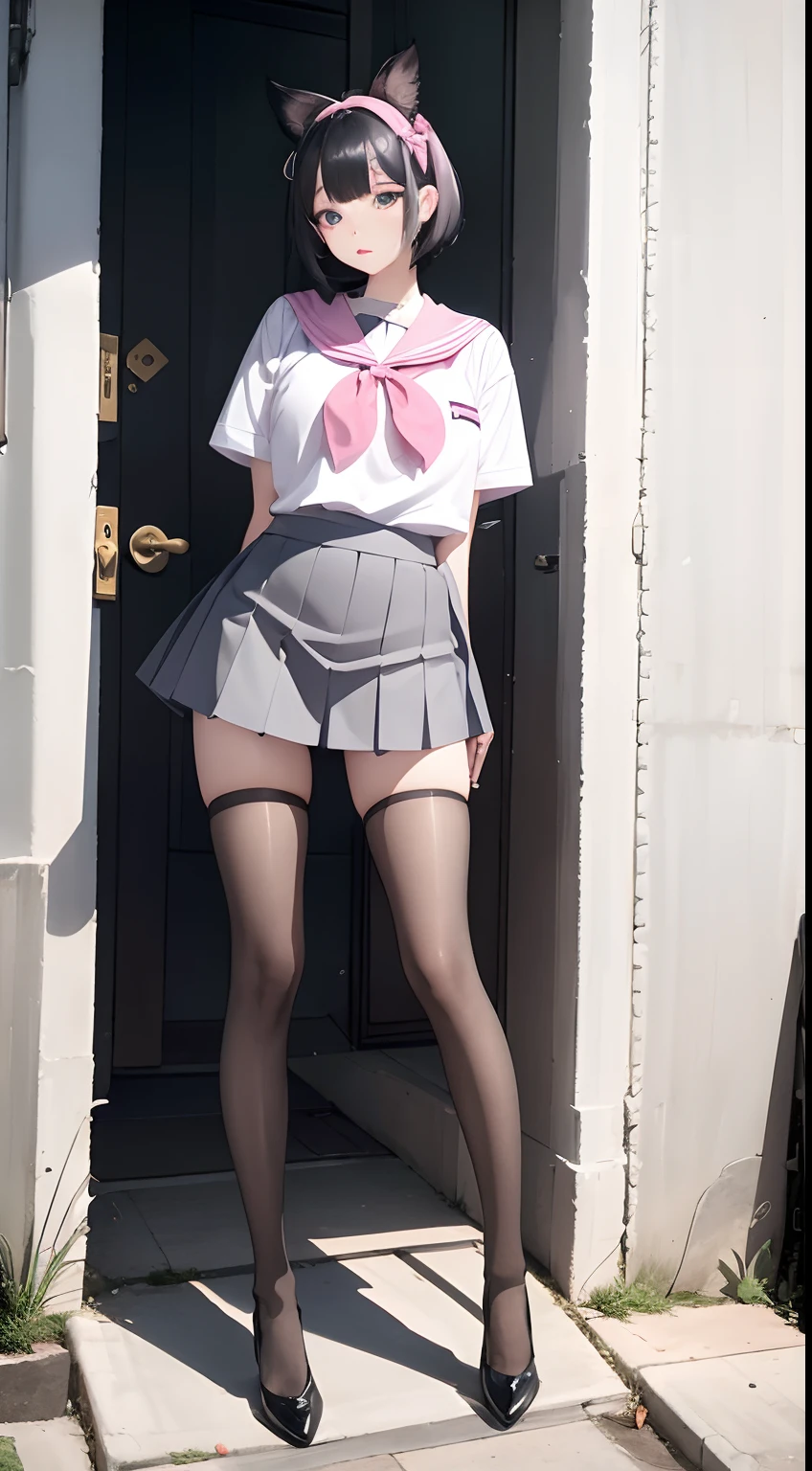 Best Quality, Black hair, large eyes, Short hair, Both ears exposed, Ribbon headbands, Heart-shaped drop earrings, multiple ear piercings, pink based school uniform, Beautiful angular sternness, black knee-high socks, Grey high heels