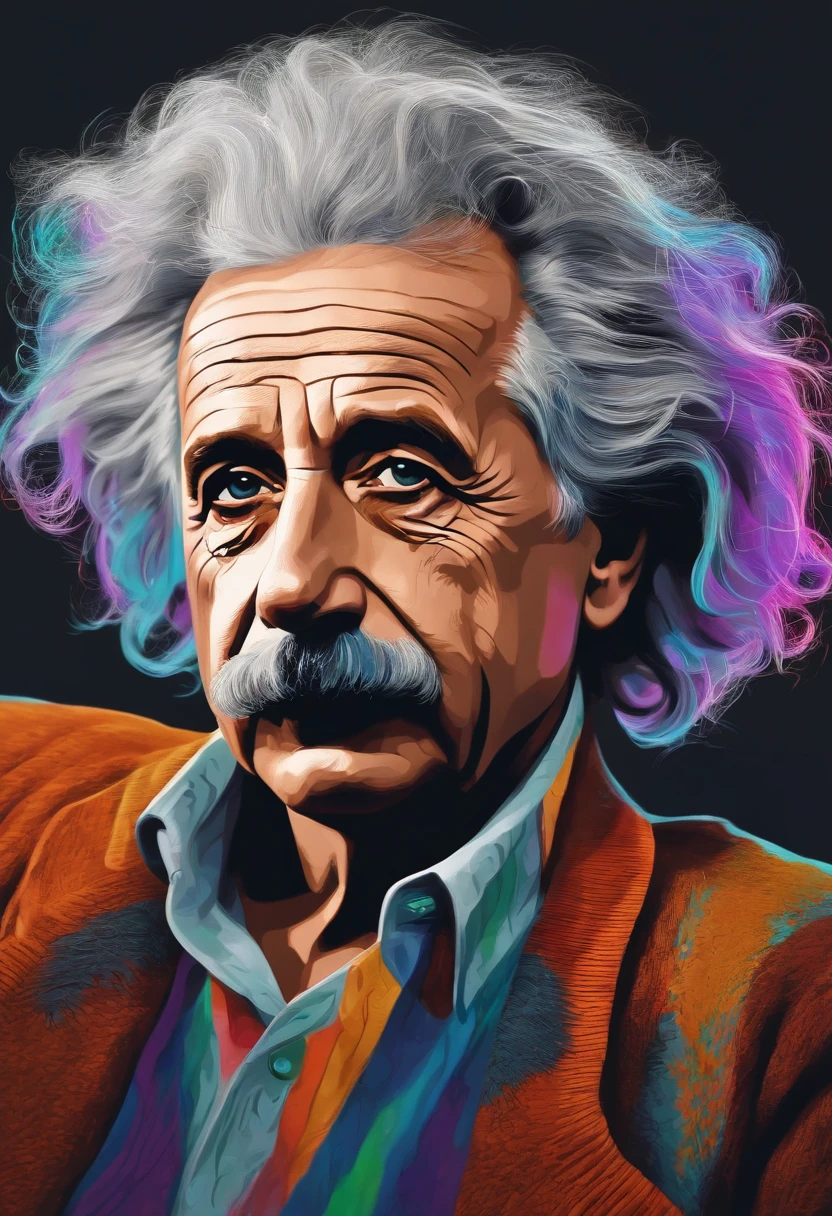 Crie um personagem animado como Albert Einstein com cabelos colorido, full collor