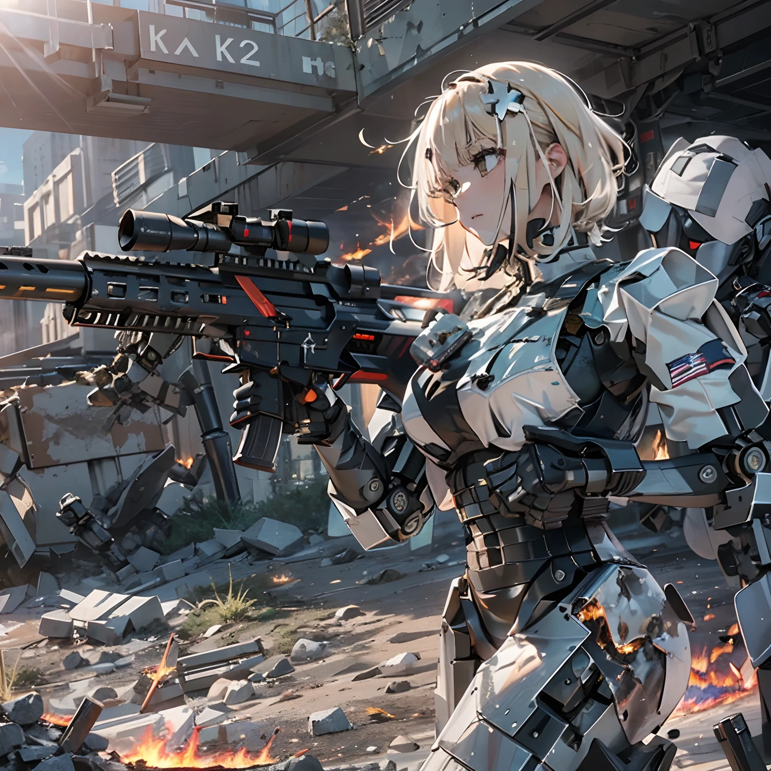 (h&K Rifle:1.4)、(((Fire a rifle to destroy military robots:1.4)))、(Female soldier with non-mechanical body)、独奏:1.4、(Black combat uniform)、(platinum-blonde-hair:1.2)、Have multiple weapons、rubble、((超A high resolution))、Detail Write、​masterpiece、top-quality、extremely details CG、Image quality in 8K、Cinematographic lighting、lensflare、(Night combat)、((In Building))、Hyper-detailing、The wreckage of military robots、cowboy  shot:1.4、From diagonally behind、From  above 、(HK416)、turned around