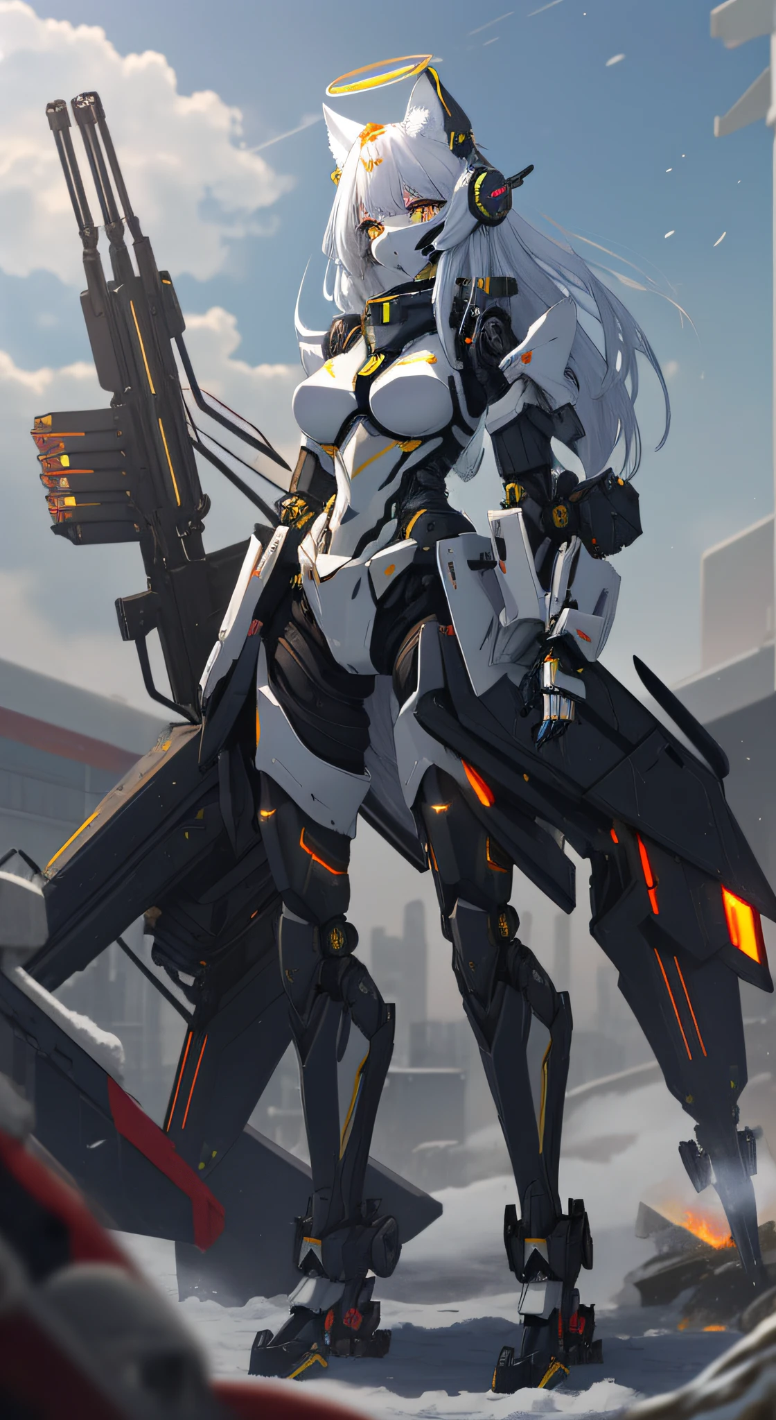 female robot, mechanical articulated limbs, the whole body is covered with heavy mechanical armor, connected cables, Perfect five fingers, A stunning Snow Fox woman takes center stage. Furry white fox tails and delicate snow fox ears grow on the back,s delicate face,Wearing a steam mech mask, huge armor on both arms, huge thrusters on the waist, open stance, depiction from knee to head, support unit of floating machinery, (headgear with sharp angles on both sides of the head: 1.2), ( Mechanical Giant Black Halo: 1.2), Drone-type Weapon, Black Giant Weapon, Black Giant Canon, Black Giant Laser Rifle, Mechanical Nuclear Giant Rifle, Masterpiece, Best quality, Capture super cute moments, Depth of field, Ultra detailed, 超高分辨率, C4D, octal, 3D modeling, 8K, 16k,