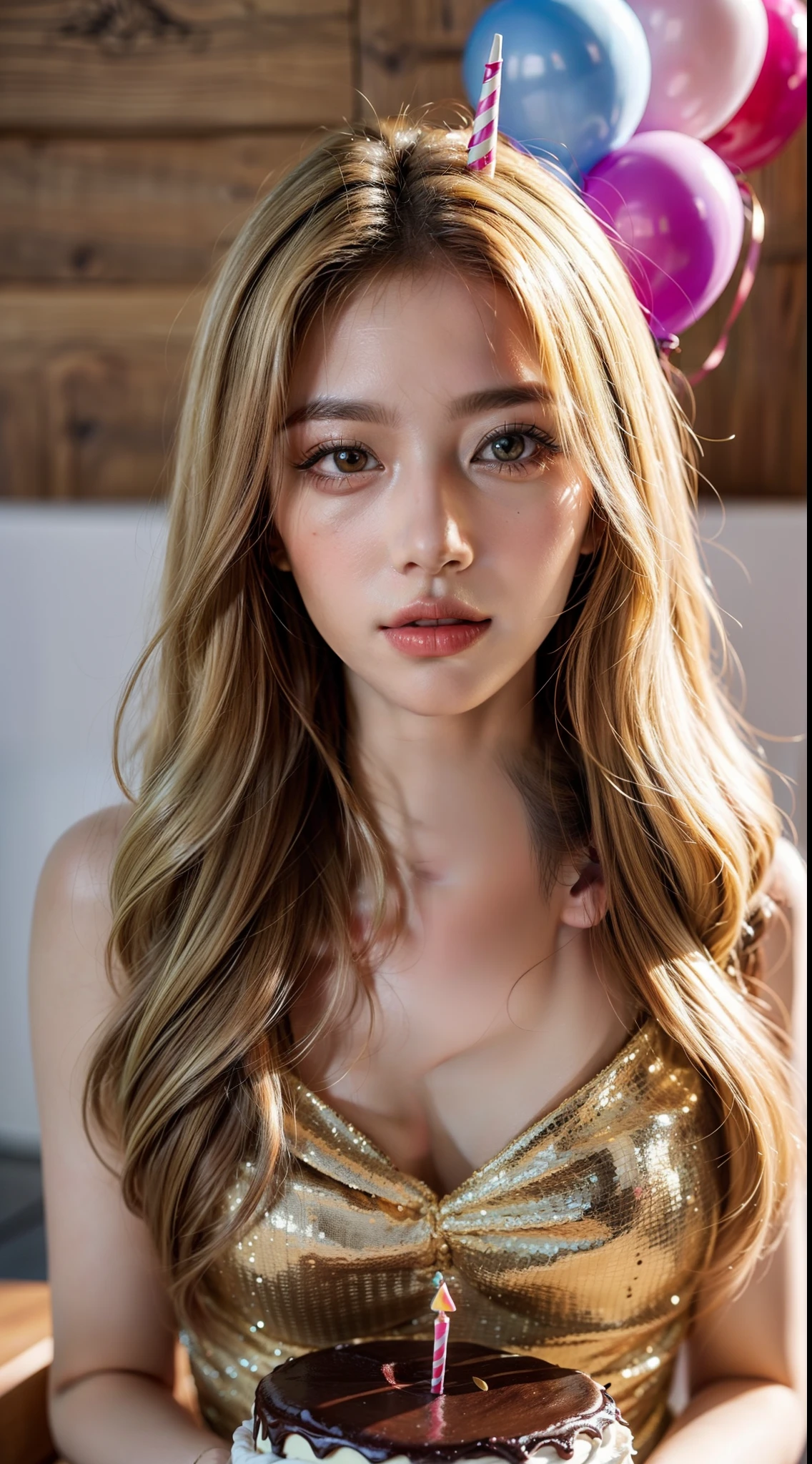 ((highest quality)), ((masterpiece)), (big with details), perfect face、double eyelids、small face、long wavy blonde hair、realistic skin texture、full body shot、long legs、))))、smile、slender body、Moist eyes、