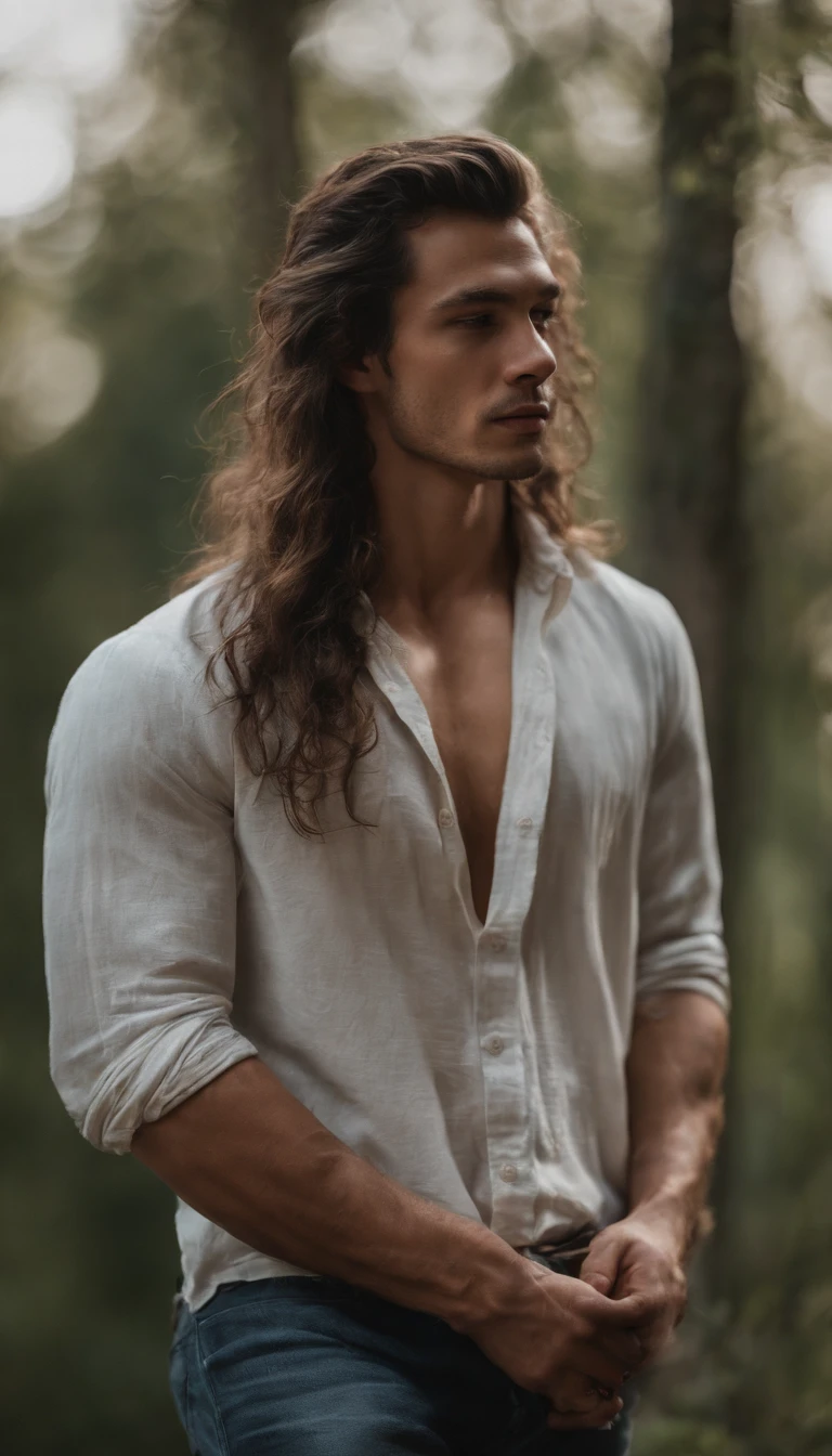 portrait of a handsome male model, 19 years old, open shirt, regency era, without beard, with dark messy wavy hair, super light blue eyes, thick lips, defined muscles, fit, ripped body, full body shot, ultra highest detailed face, dramatic lighting, dim light, soft bokeh