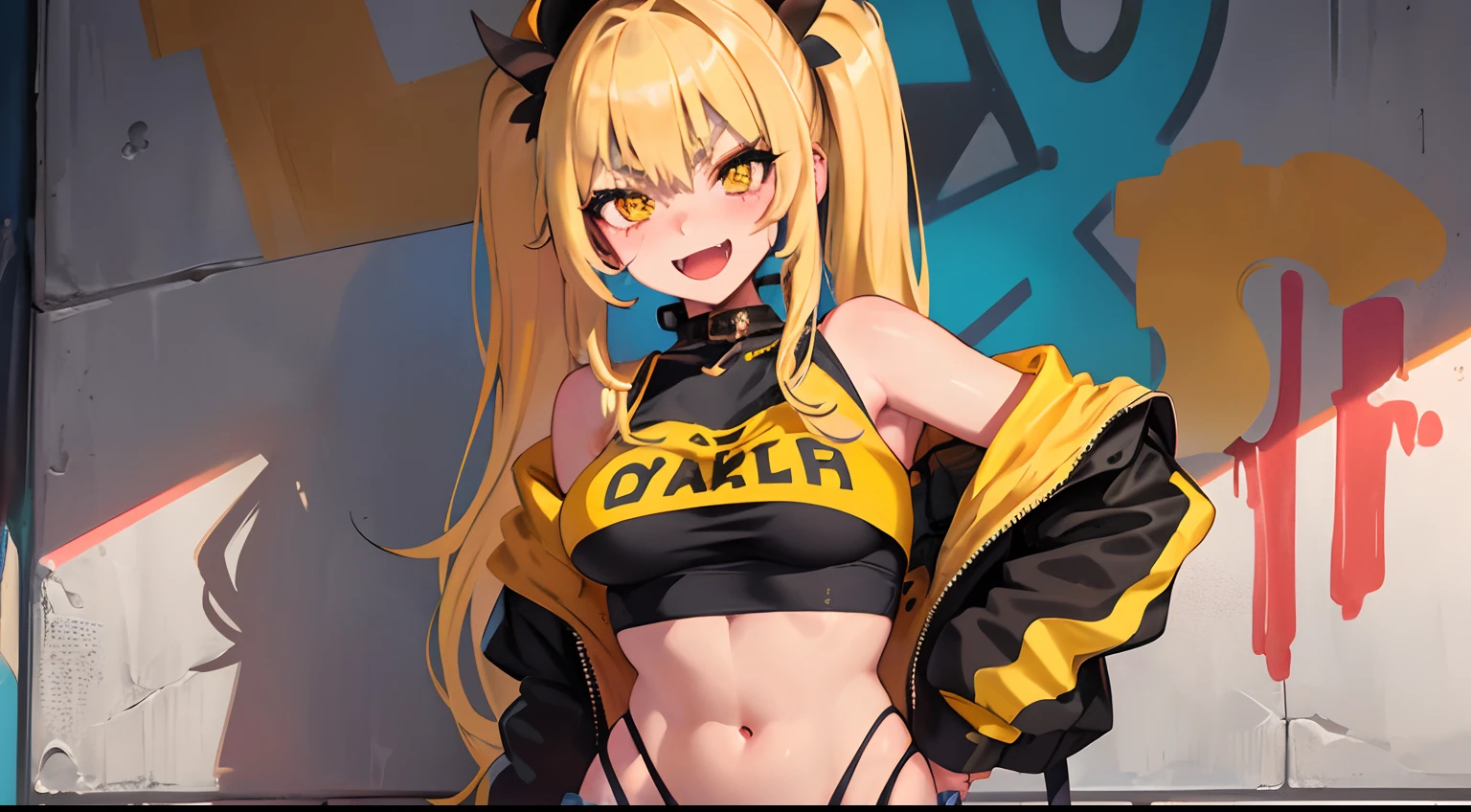 Original Character, Volumetric Lighting, Best Shadows, Shallow Depth of Field, Portrait Of Stunningly Beautiful Girl, Petite, Delicate Beautiful Attractive Face With Alluring Yellow Eyes, Messy Painted Face, Sharp Eyebrows, Broadly Smiling, Open Mouth, Fangs Out, Lovely Medium Breasts, Layered Long Twintail Blond Hair, Blush Eyeshadow, Thick Eyelashes, Applejack Hat, Oversized Pop Jacket, Mini Underboob Tee, Open Navel, Slim Waist, Denim Jeans Pants, With Buckle Belt, In The Graffiti Alley, Waste Container, Outside Stairs, Outdoor Unit, Holding Spray Paint Can, Standing, (Highest Quality, Amazing Details:1.25), (Solo:1.3), Brilliant Colorful Paintings, anatomically correct, yellow wall,