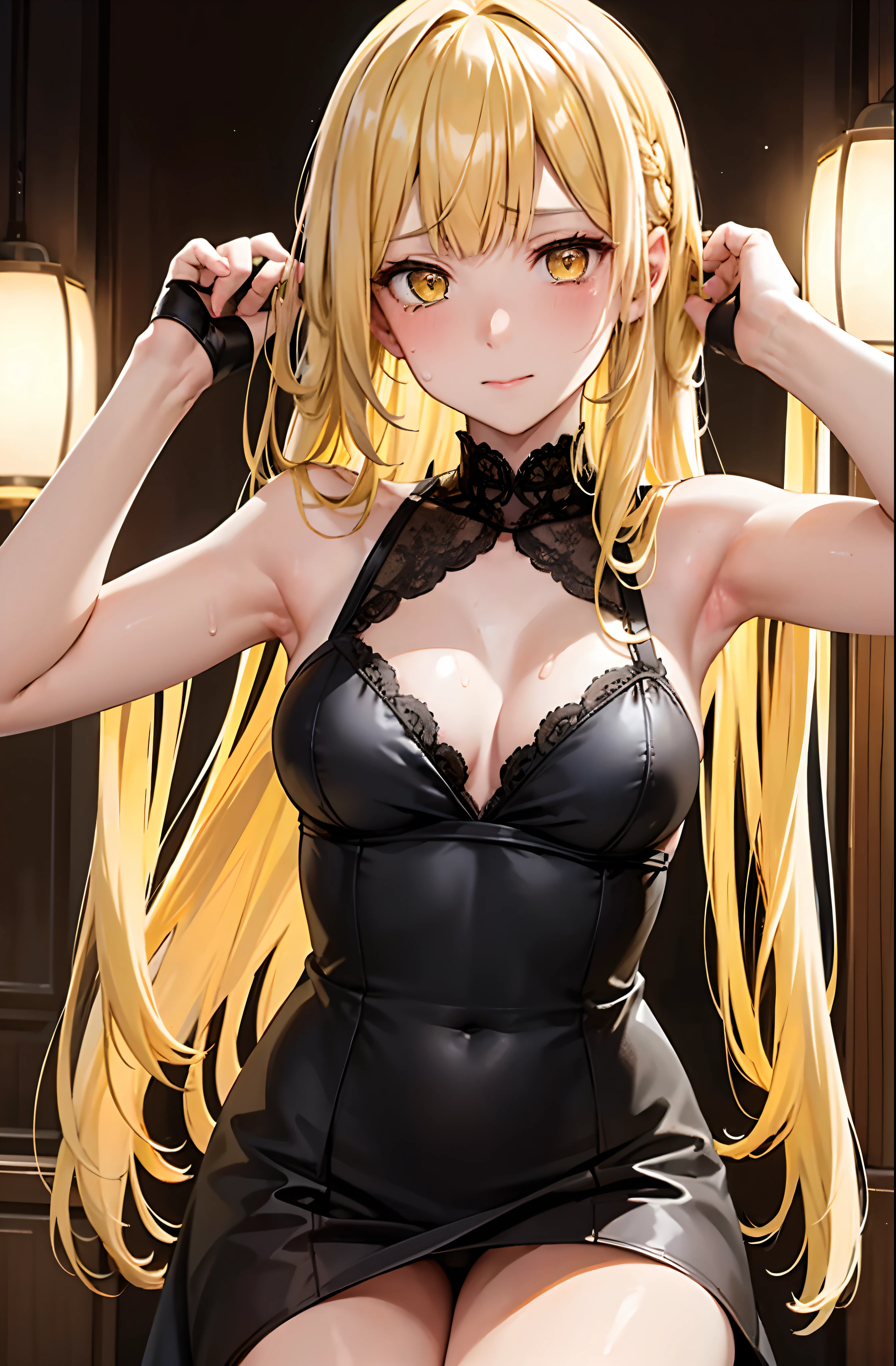 (Behind Wallenstein,Yellow hair,Long hair,Yellow eyes ),masutepiece, Best Quality, 1girl in,Frontal shot of a girl,Slender face,slender physique, Looking at Viewer, Cute, Bra, medium breasts, Yellow eyes, Behind Wallenstein, Yellow hair, Long hair, Beautiful detailed eyes, embarrassed:06,is crying:1.2,with arms up,Armpit, full of sweat,(Close-up on the face:1.4), robe blanche,Late night toilet background, ((mistress, Authority)),Black Dress