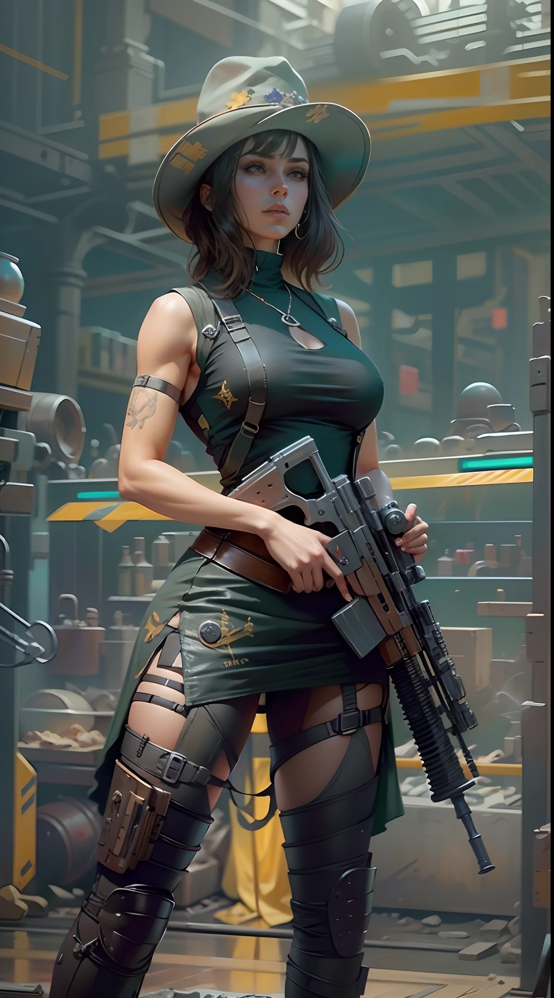 Fantasy motor world,irreal:1.4,CG ultra realista 64K, fotorrealista:1.4, textura de la piel:1.4, obra maestra:1.4,Hermosa mujer con sombrero de pelo largo、pointing gun, futrastic rocket launcher weapon, showing clevage, saggy breast,laser background, assault rifle, kalashnikov rifle, trigger_discipline, low-ready Ropa corta estilo cyberpunk bike,color amarillo, pantimedias red, sexzy elastic dress