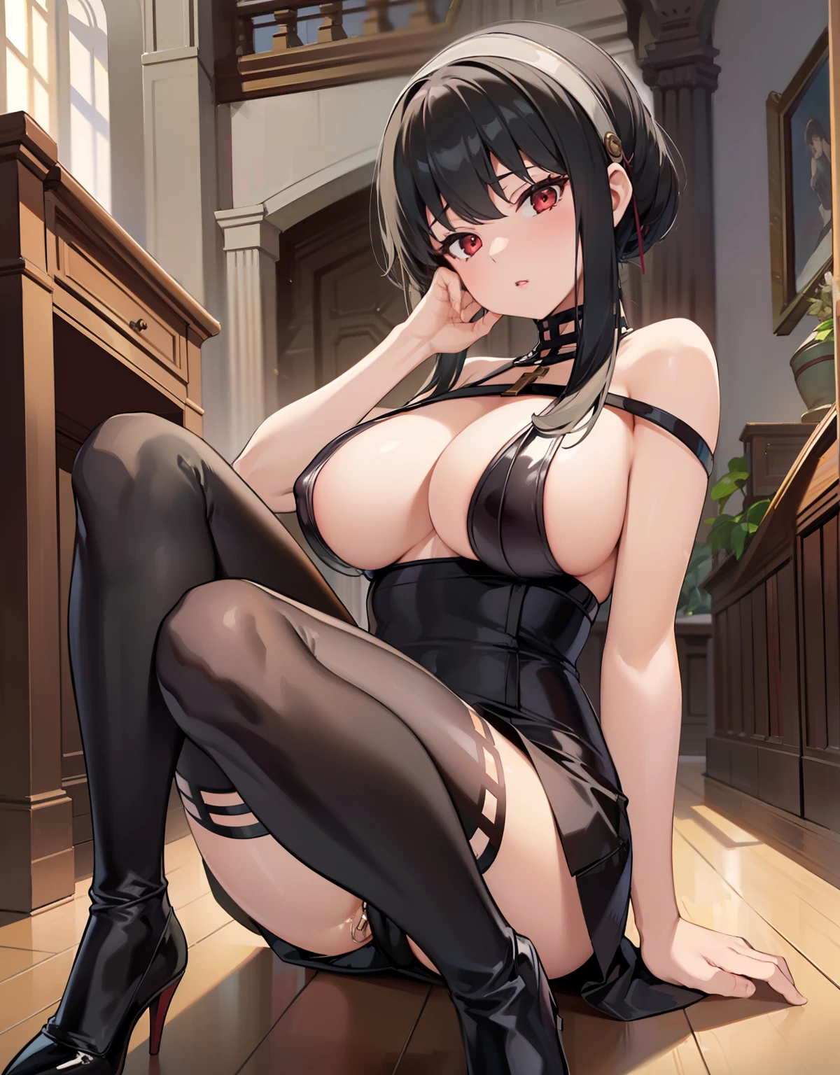 sexy mommy, (masterpiece:1.2), (best quality,:1.2), full body shot, 1girl, black short shine hair, big breasts, fit and petite body, black stockings, black highheels, looking at viewer, , ( juice:1.2), , view from below, fingering, schlick, masturbation, laying on the floor, inside the church, cross in the background,