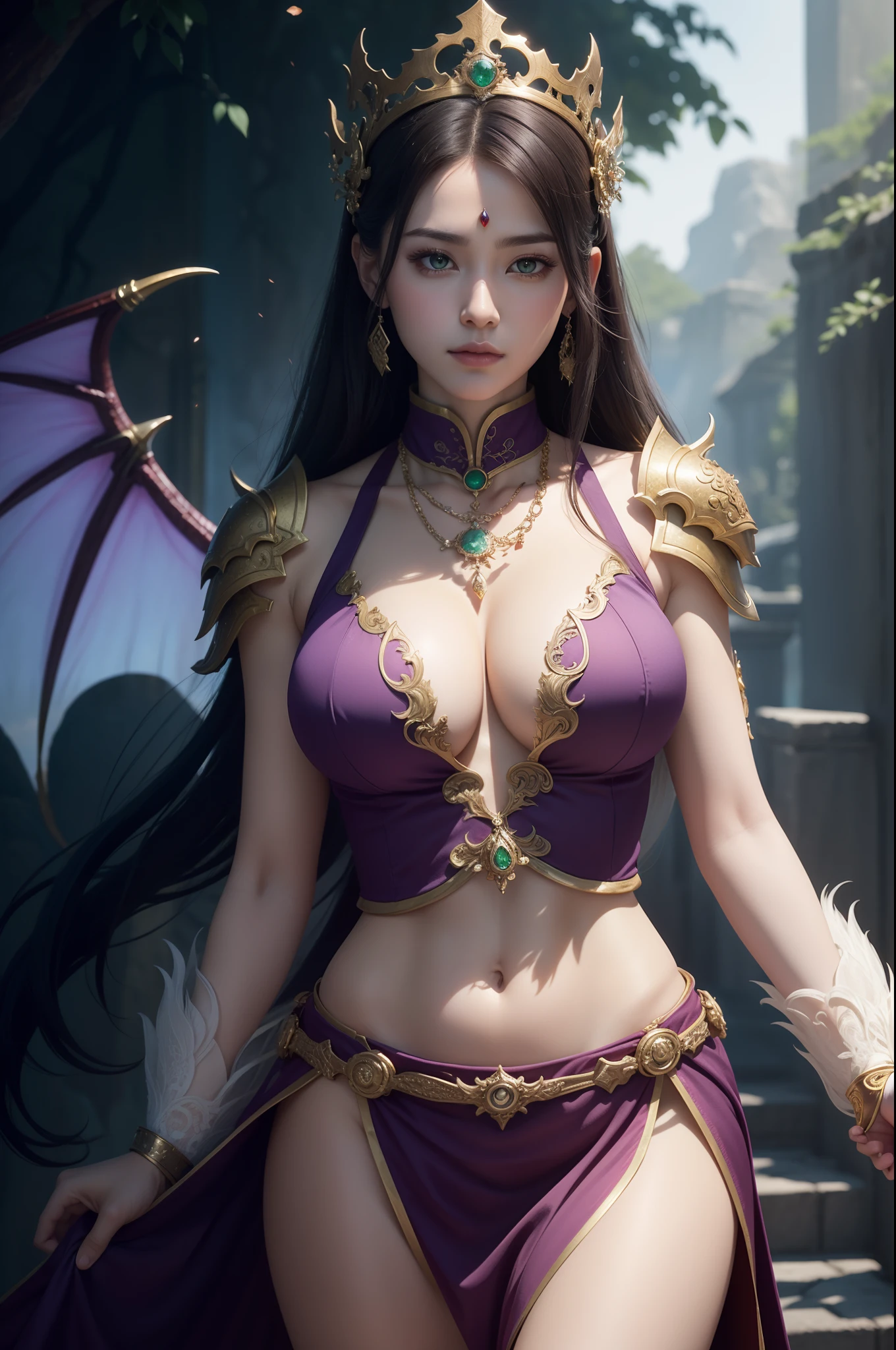 unreal engine:1.4,UHD,Best quality:1.4, photorealistic:1.4, skin texture:1.4, masterpiece:1.8, Miraculous:A woman wears  platinum low-cut lace armor, armor cover all top of body, huge breast, big butt, sexy body, beautiful face, angel face, Close-up of holding shining sowred in her hands, Head ornament, Violet necklace, Emerald belt , Toned abs, a beautiful fantasy empress, ((a beautiful fantasy empress)), Beautiful celestial image, Beautiful character painting, full-body xianxia, Portrait Chevaliers du Zodiaque Fille, by Yang J, G Liulian art style, Fantasy art style, foreshortening, Background huge dragon with fire, dragon in background