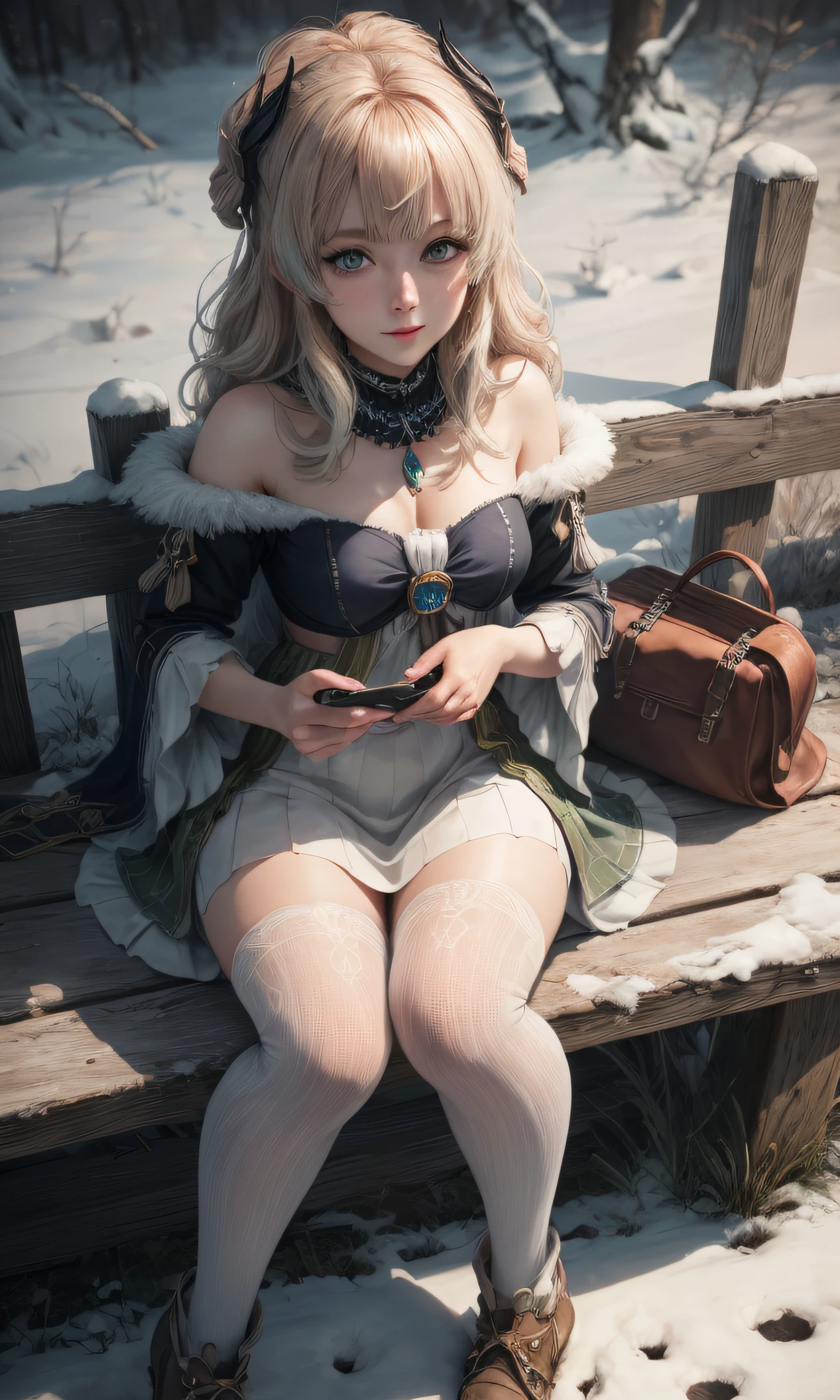 Girl sitting on a bench, Warm winter clothes, green colored eyes, People's casual clothes, pantyhouse, white pantyhose, Winter time, snowing, little chest, You can see the underpants, Upskirt, blackskirt, detailed digital anime art, beautiful anime girl, beautiful anime girl, Anime with small details, Best Quality, Masterpiece, Ultra-detailed, Beautiful, hight resolution, Original,CG 8K ультрареалистичный, perfect artwork, beatiful face, Face Clean, Skin, hyper realistic, Ultra Detailed, A detailed eye, dramatic lighting, (Realistic) Realistic, Full HD, Best Quality, Best Quality, Beautiful lighting, (8k wallpaper of extremely detailed CG unit), High Details, sharp-focus, The art of dramatic and photorealistic painting, beautiful smile,