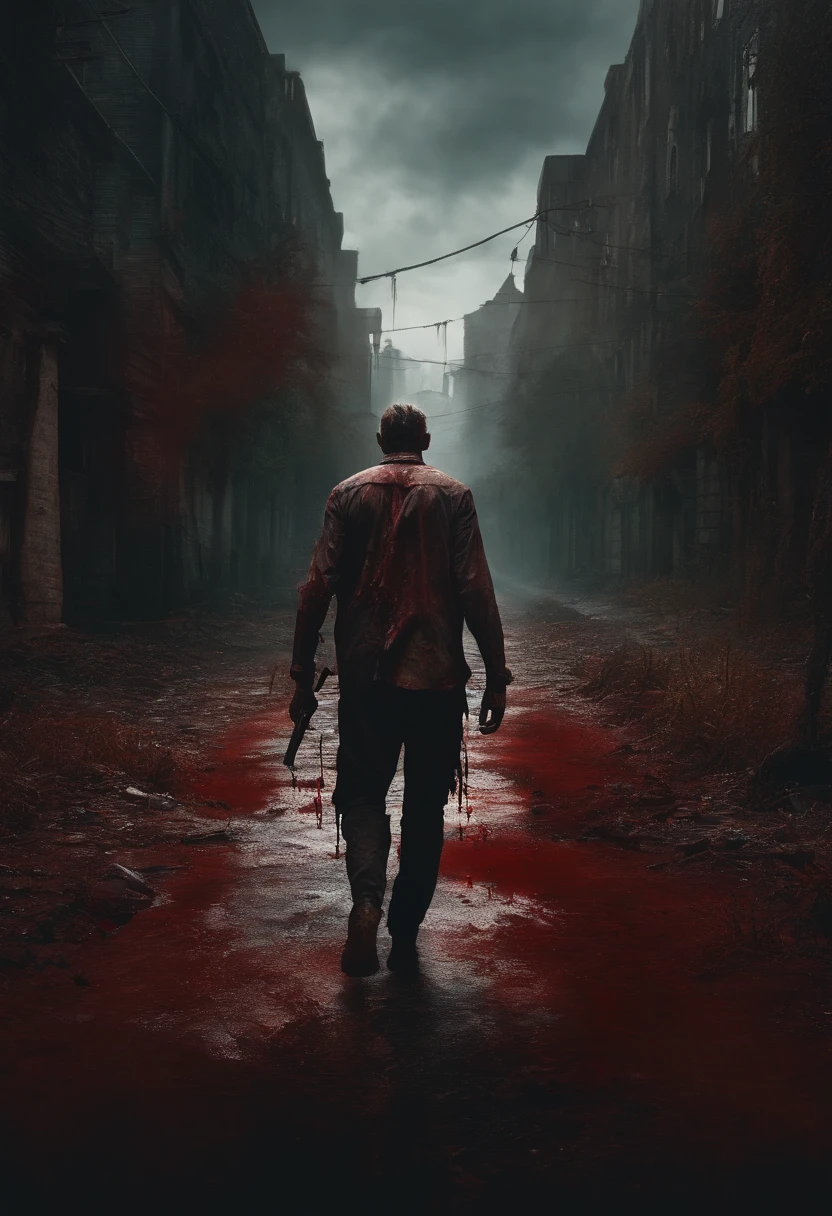 a zombie walking towards camera, dripping blood, wound, post apocalypse environment