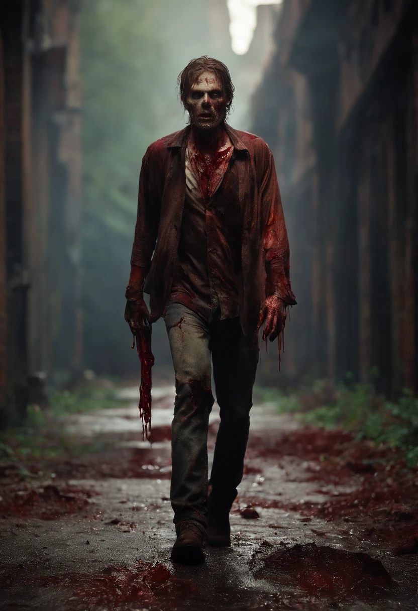 a zombie walking towards camera, dripping blood, wound, post apocalypse environment