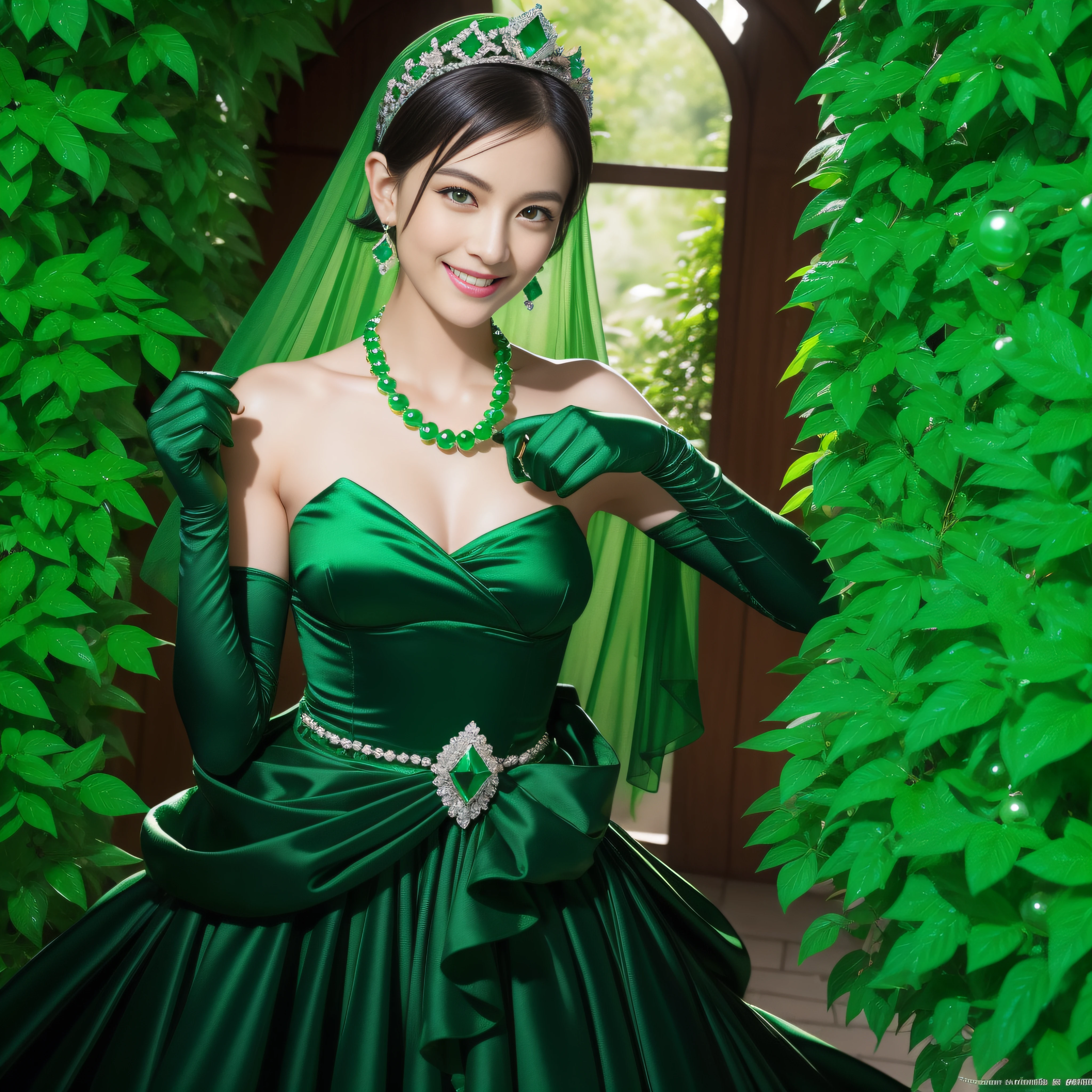 emerald tiara, Green Pearl Necklace, Boyish very short black hair, lipsticks, Japan woman smiling, very short short hair, fist, big breasts beautiful, Green eyes, Long green gloves made of satin material, Green eyes, Emerald Earrings, Green eyes