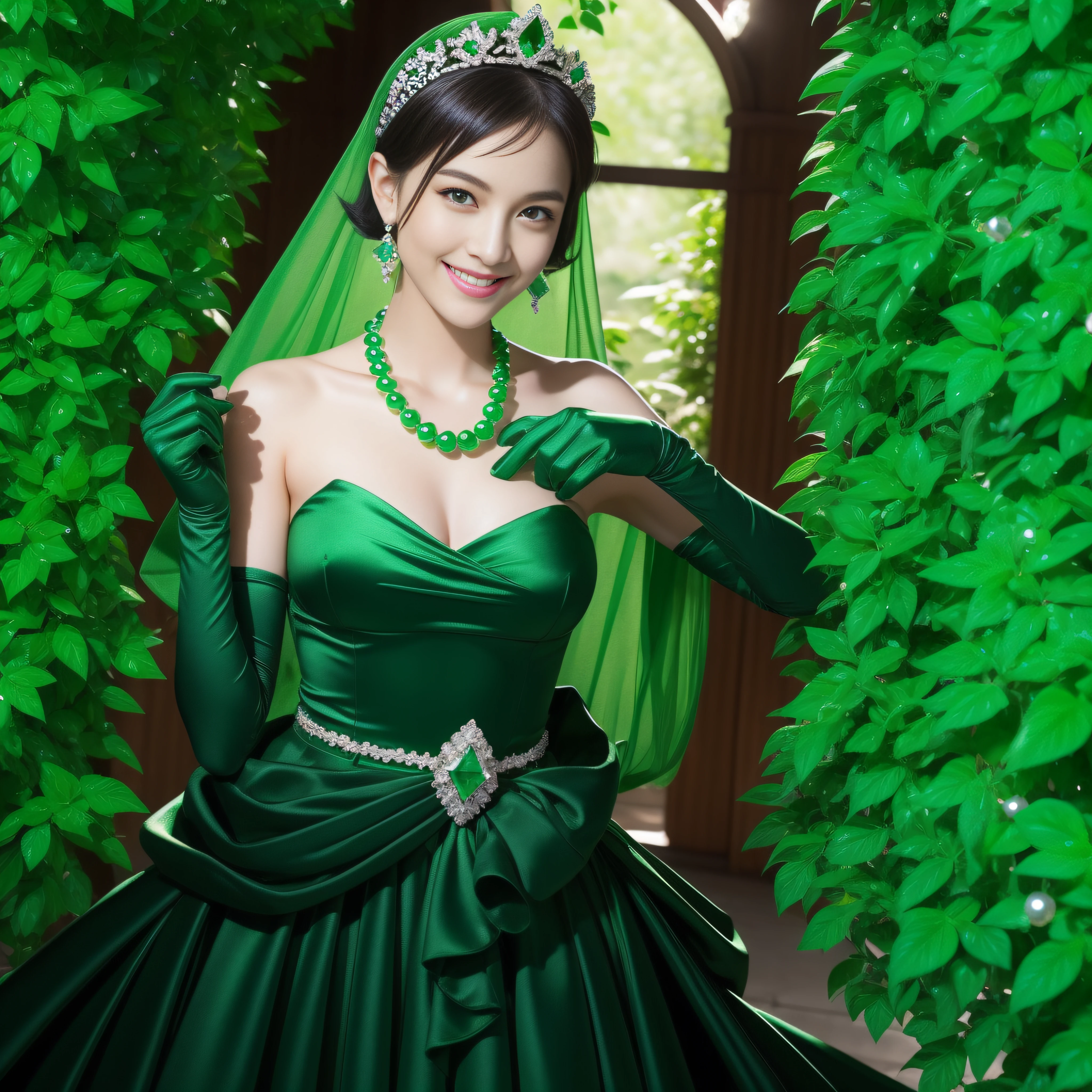 emerald tiara, Green Pearl Necklace, Boyish very short black hair, lipsticks, Japan woman smiling, very short short hair, fist, big breasts beautiful, Green eyes, Long green gloves made of satin material, Green eyes, Emerald Earrings, Green eyes