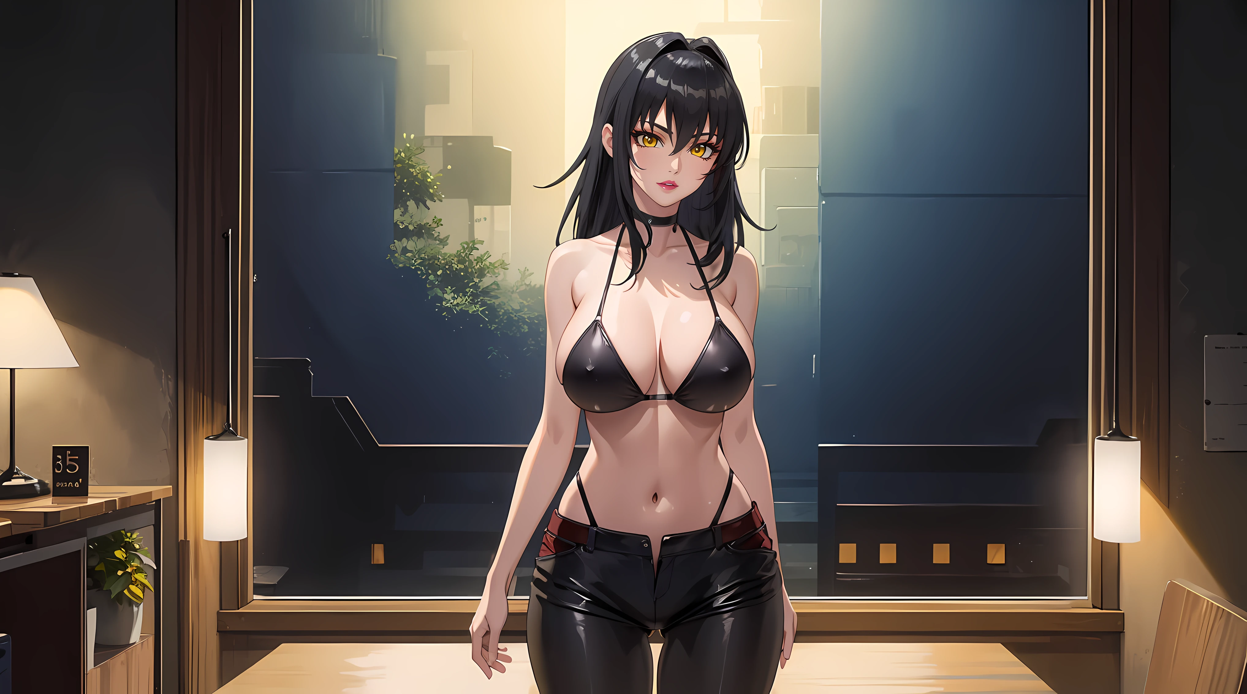 (masterpiece:1.4),(best quality:1.4),  soft lighting, cinematic bloom, beautiful face, beautiful eyes, cowboy shot,
Annerose, 1girl, solo, female mature, black hair, long hair, (yellow eyes:1.4), large breasts, bikini, skin tight, hair intakes, covered breasts, sideboob, exquisite eyes detail, exquisite character design unity details 8k hdr, professional art, landscape, (solo:1.5, cowboy shot:1.5), classroom, sexy body, milf, 35 years old girl