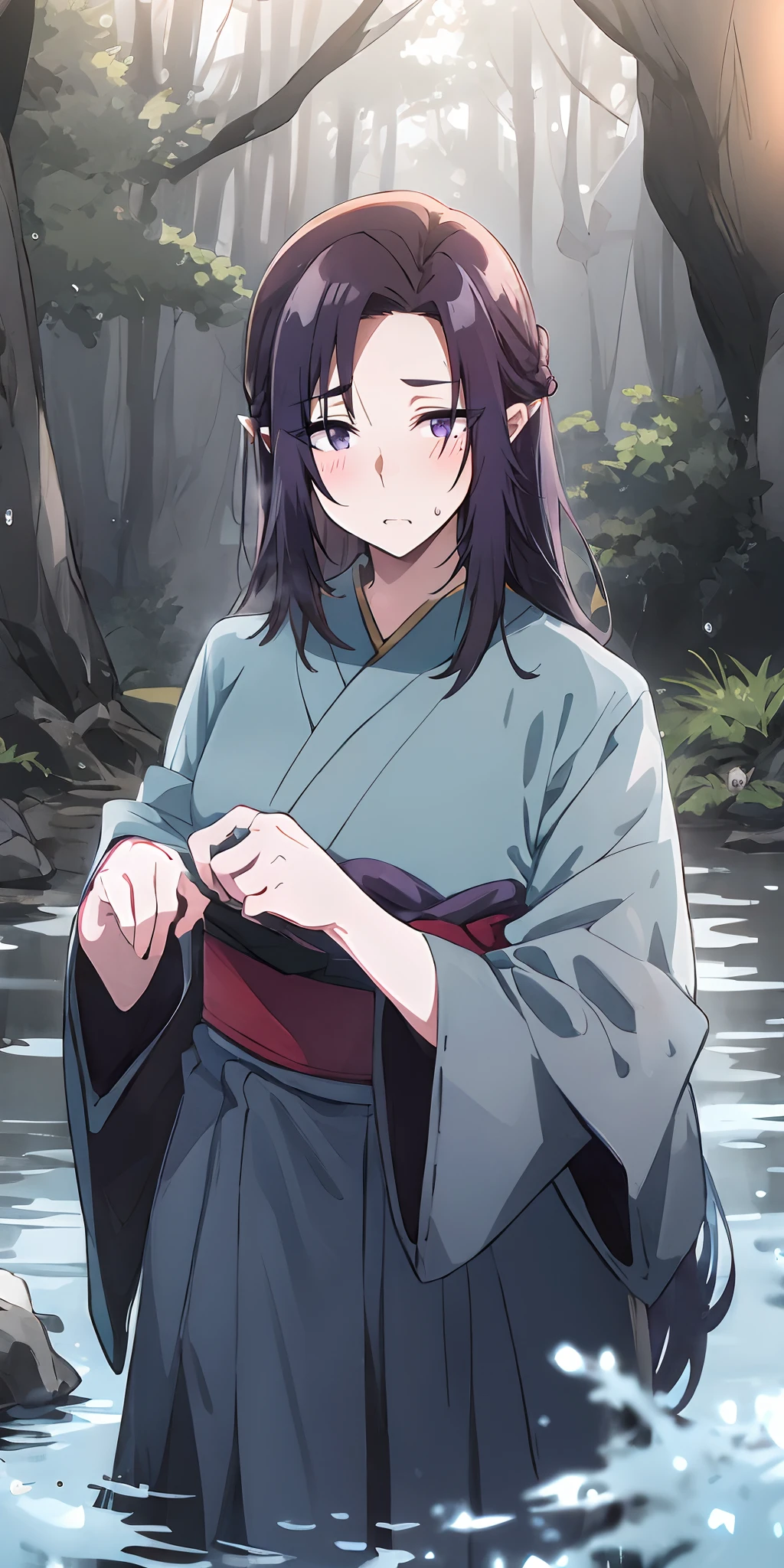 long hair, purple eyes, pointy ears, japanese_clothes, solo, nature, 1boy, bangs,  outdoors, standing, forest, looking_at_viewer, water, blurry, male_focus, tree, wide_sleeves, hakama, blurry_foreground, water_drop, kimono, rock, long_sleeves, depth_of_field, black_hair,