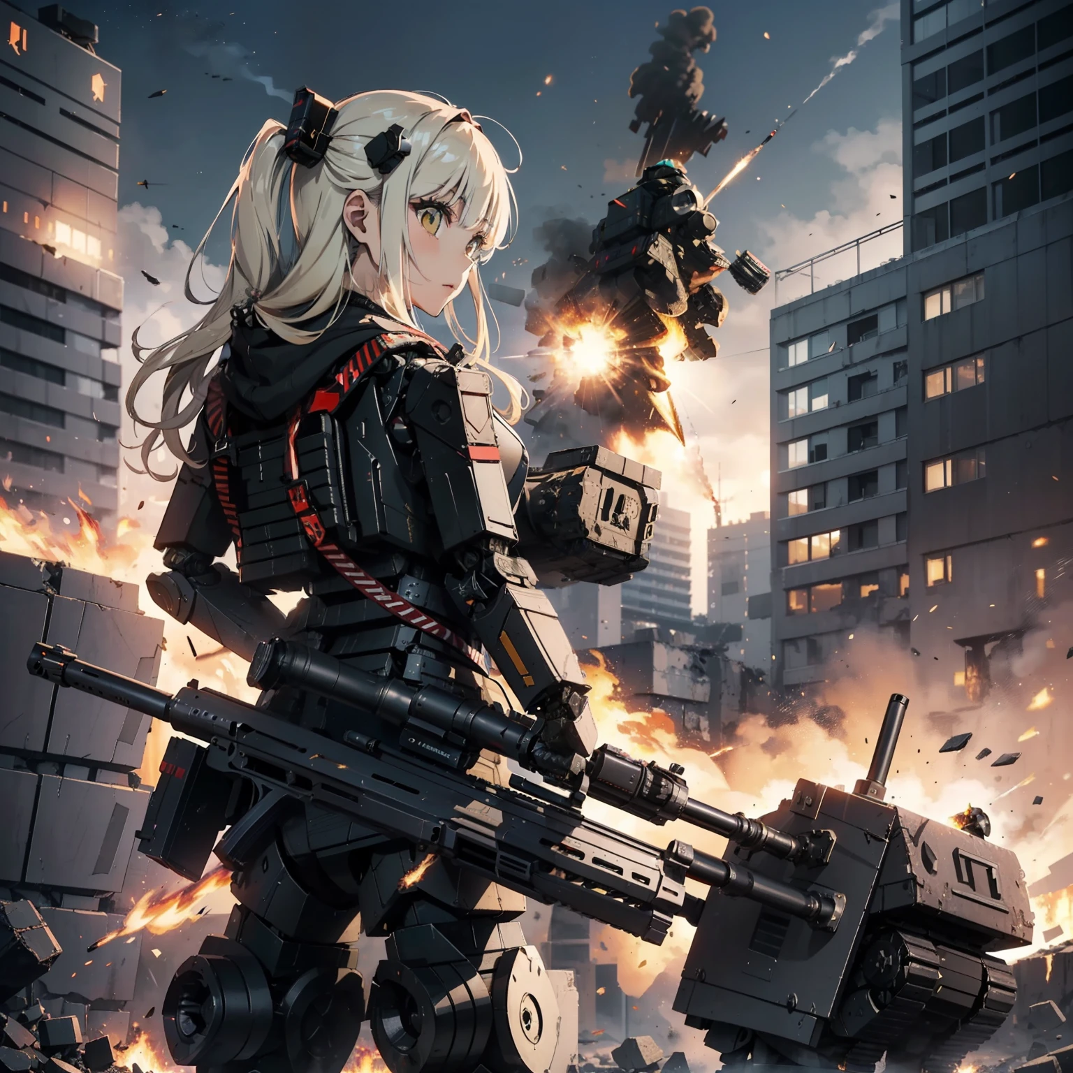 (h&K Rifle:1.4)、(((Fire a rifle to destroy military robots:1.4)))、(Female soldier with non-mechanical body)、独奏:1.4、(Black combat uniform)、(platinum-blonde-hair:1.2)、Have multiple weapons、rubble、((超A high resolution))、Detail Write、masterpiece、top-quality、extremely details CG、Image quality in 8K、Cinematographic lighting、lensflare、(Night combat)、((In Building))、Hyper-detailing、The wreckage of military robots、cowboy shot:1.4、From diagonally behind、From above 、(hK416)、turned around