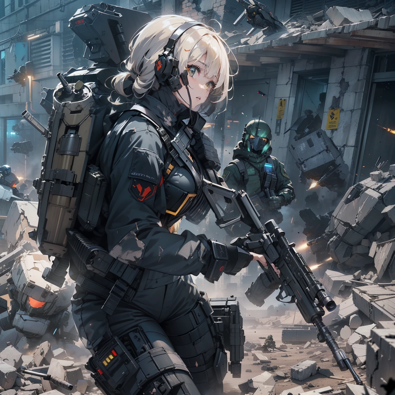 (Female soldier with strong body)、(((Scattering bullets with a machine gun、Destroy enemy robots:1.4)))、1 Female 1 Robot、(Black combat uniform)、(platinum-blonde-hair:1.2)、Have multiple weapons、Running through the rubble、((超A high resolution))、Detail Write、​masterpiece、top-quality、extremely details CG、8K picture quality、Cinematographic lighting、lensflare、(Night combat)、((From the inside of the building to the outside))、Hyper-detailing、Android wreckage、cowboy  shot:1.4、From diagonally above 、(HK416)、turned around、Detailed firearm depiction、Firearms with perfect detail、Barrel without distortion、As I ran、(dynamic ungle:1.4)、Splattering cartridge cases