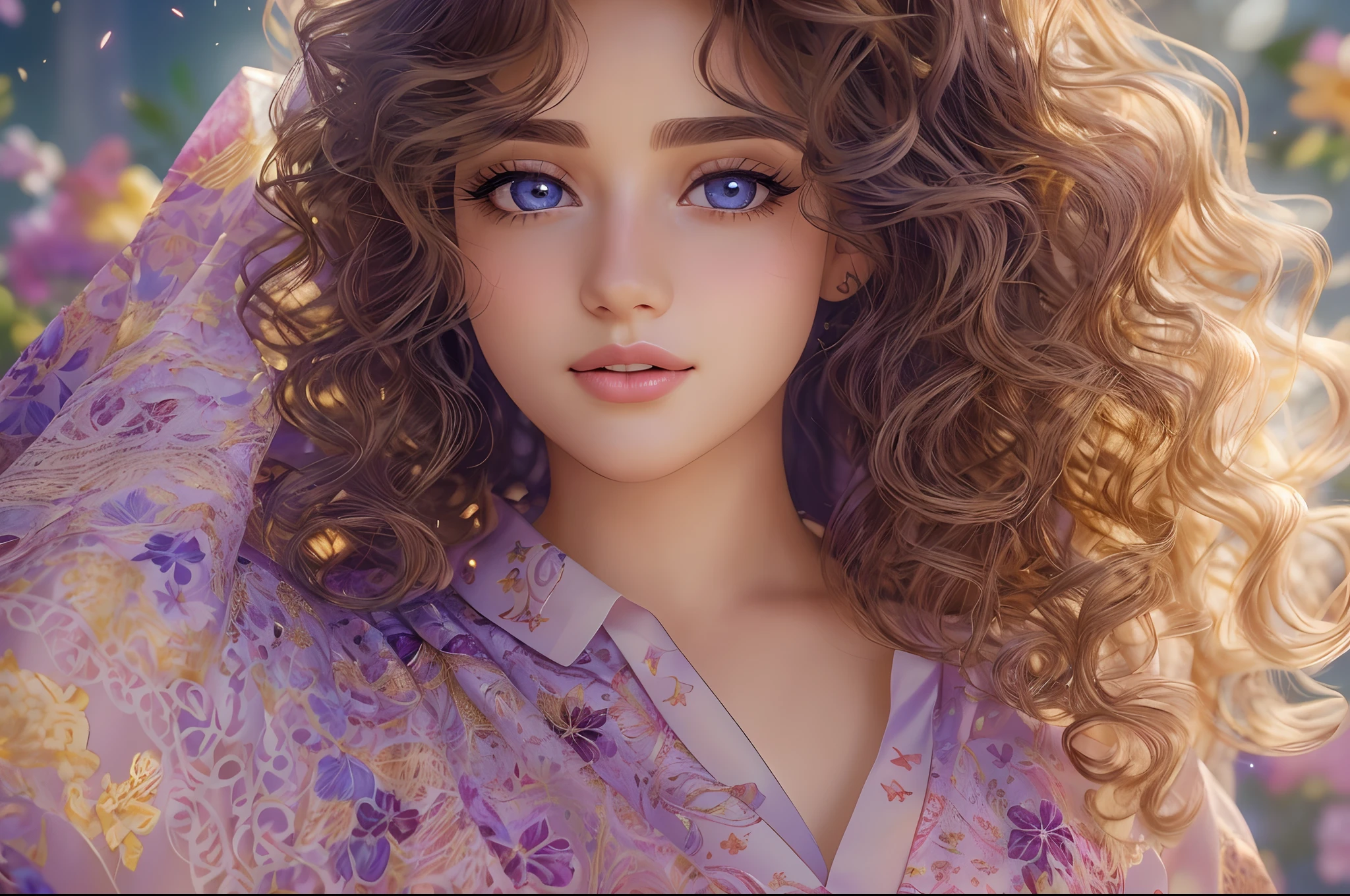 (high resolution,4k,8k,masterpiece:1.2),ultra-detailed,(realistic,photorealistic,photo-realistic:1.37),detailed background,one person,curly hair,long hair,purple eyes,star in the eye,off-shoulder blouse,long skirt,beautiful detailed eyes,beautiful detailed lips,extremely detailed eyes and face,curly hair blowing in the wind,flowing long skirt,soft breeze,floral patterns on the blouse,colorful background,subtle shadows,luminous glowing effect,curly hair with natural highlights,vivid colors,sparkling light in the eye,delicate brush strokes,impressive attention to detail,dreamlike atmosphere,carefully handcrafted masterpiece.