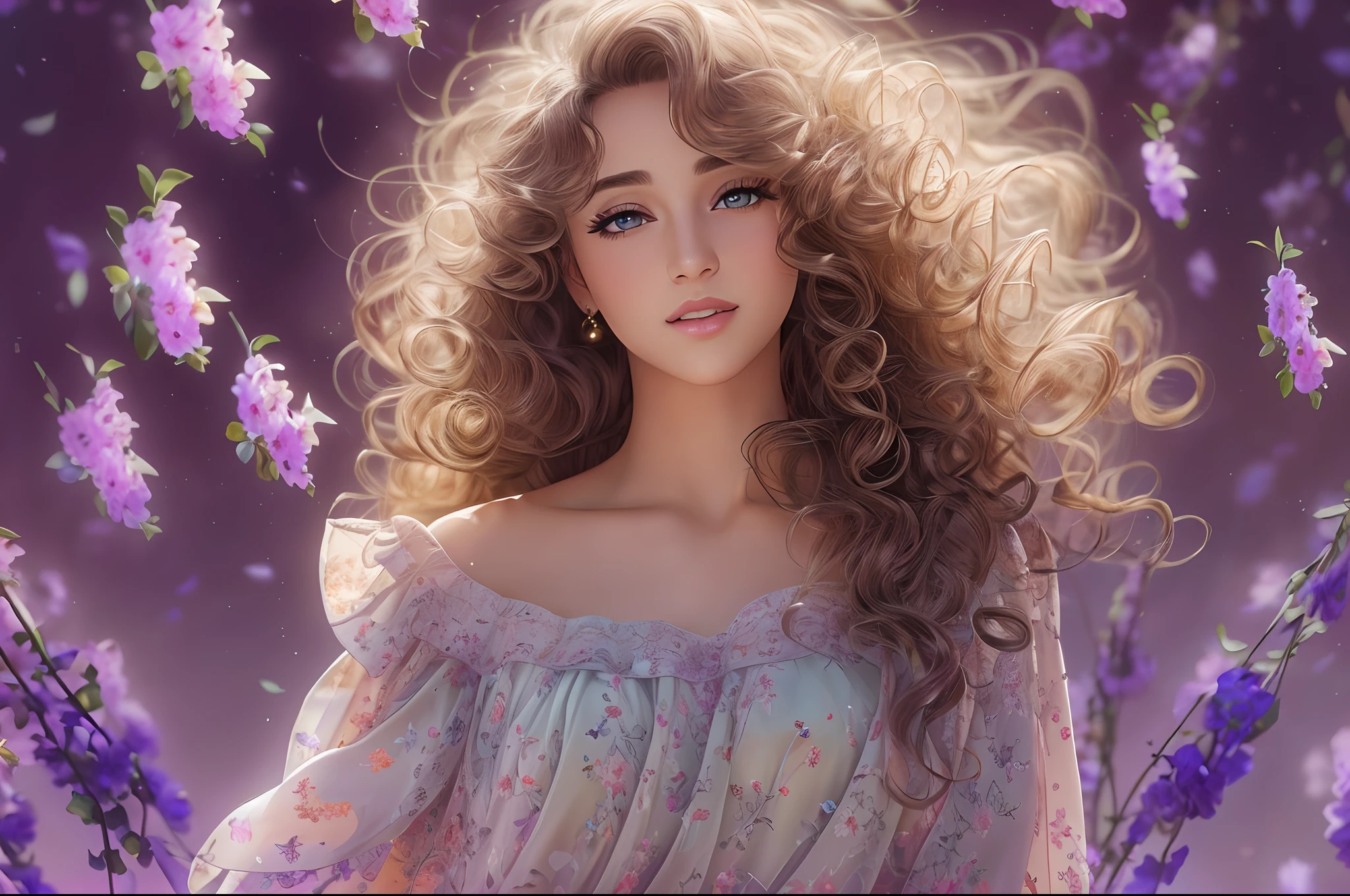 (high resolution,4k,8k,masterpiece:1.2),ultra-detailed,(realistic,photorealistic,photo-realistic:1.37),detailed background,one person,curly hair,long hair,purple eyes,star in the eye,off-shoulder blouse,long skirt,beautiful detailed eyes,beautiful detailed lips,extremely detailed eyes and face,curly hair blowing in the wind,flowing long skirt,soft breeze,floral patterns on the blouse,colorful background,subtle shadows,luminous glowing effect,curly hair with natural highlights,vivid colors,sparkling light in the eye,delicate brush strokes,impressive attention to detail,dreamlike atmosphere,carefully handcrafted masterpiece.