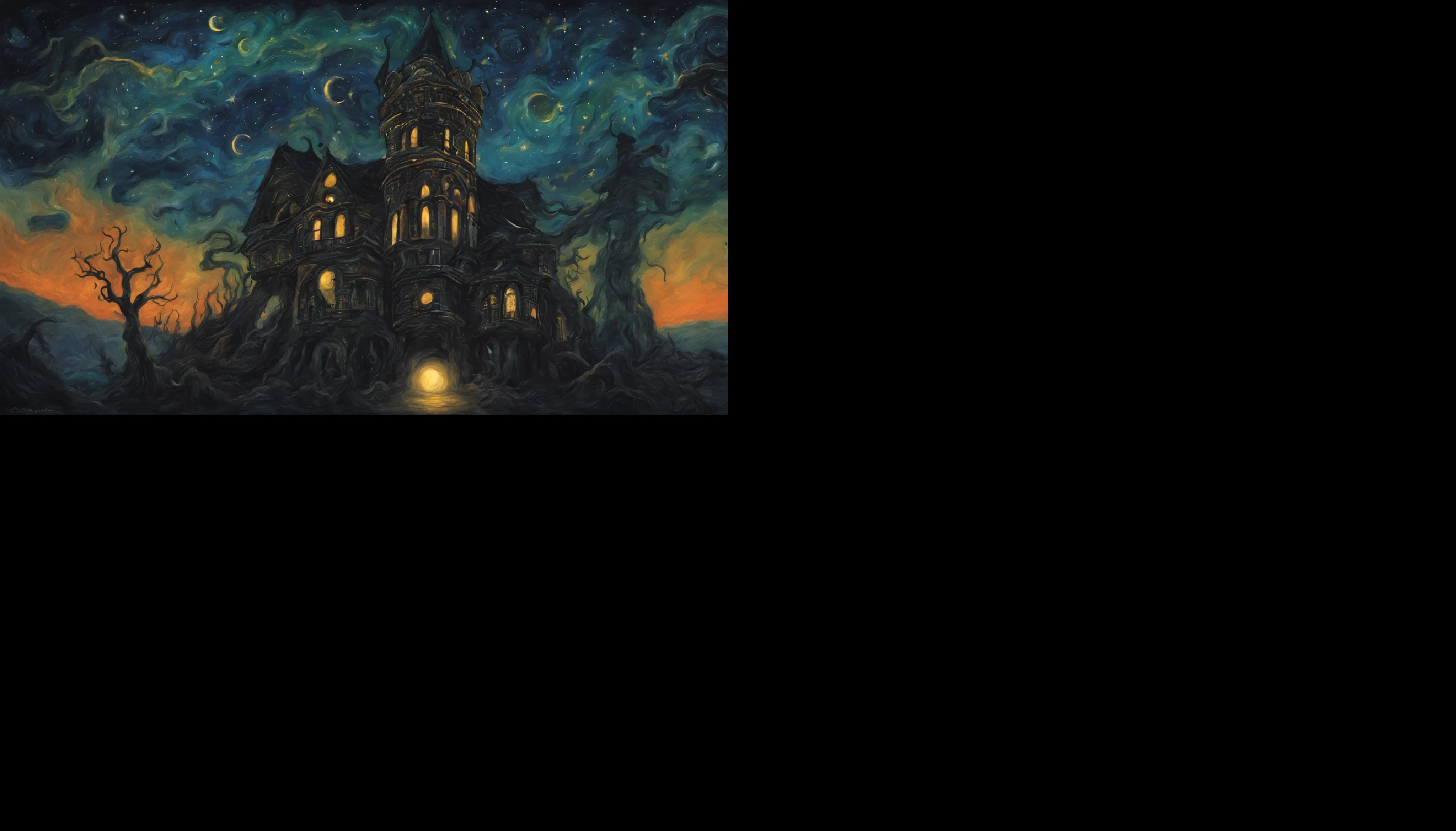 Lovecraftian starry night with a haunted house