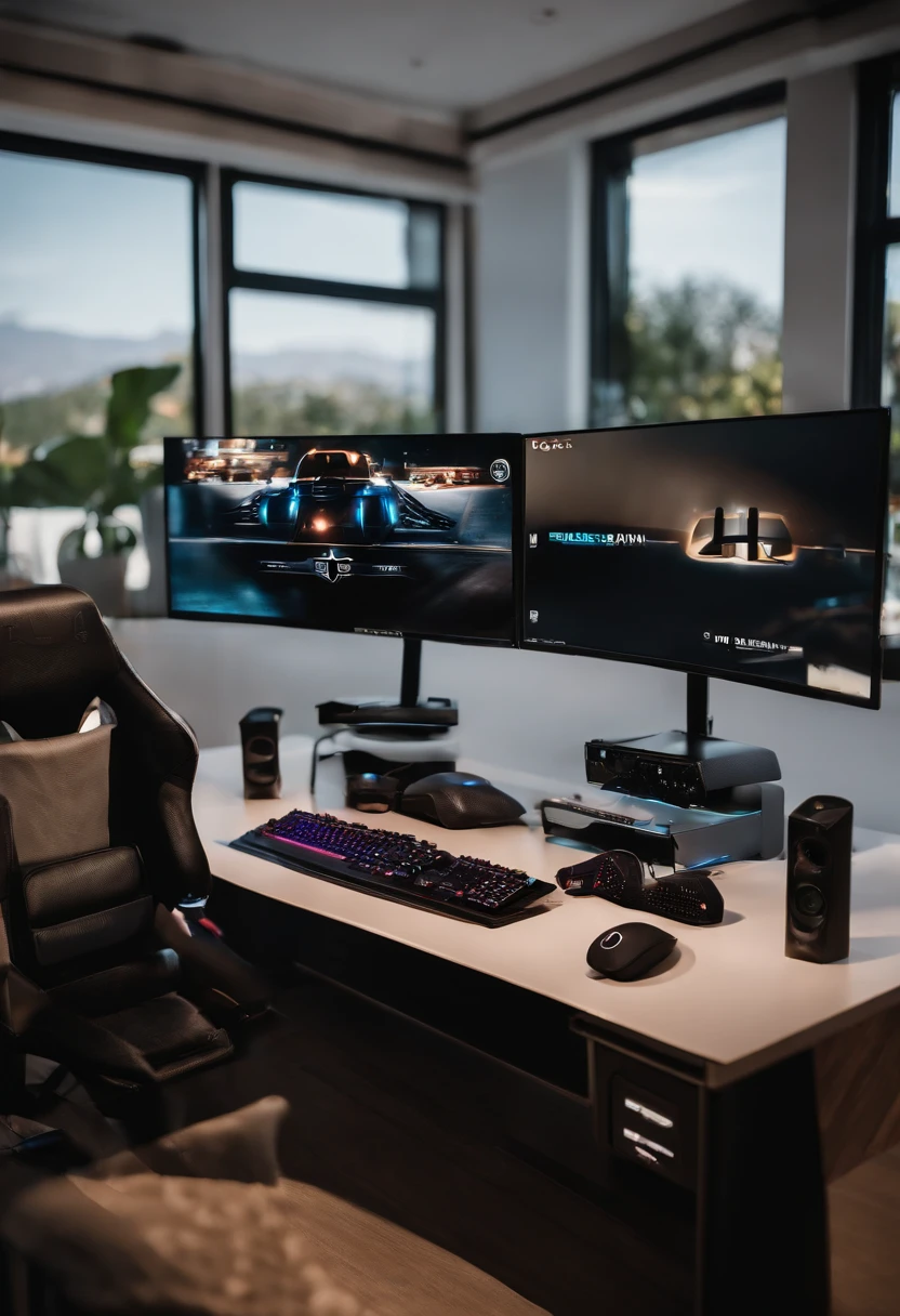 qurto gamer com parede azul, mesa em L, cadeira gamer preta, Soft LEDs behind the items, dois monitores gamers de 27 polegadas, quadros decorativos de games famosos, teclado com leds, mouse gamer, some acoustic foams on the wall, ultra realista, UHD, baixa luz, luz ambiente, Ray tracing, streamer da twitch