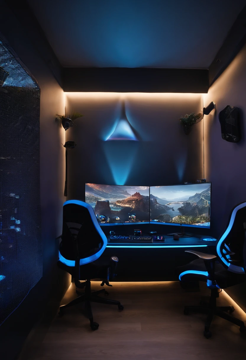 qurto gamer com parede azul, mesa em L, cadeira gamer preta, Soft LEDs behind the items, dois monitores gamers de 27 polegadas, quadros decorativos de games famosos, teclado com leds, mouse gamer, some acoustic foams on the wall, ultra realista, UHD, baixa luz, luz ambiente, Ray tracing, streamer da twitch