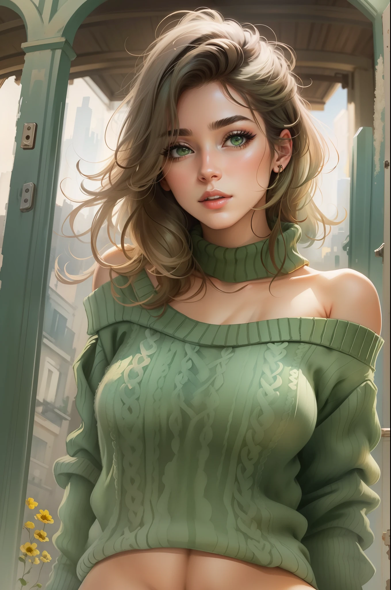 (), medium boobs,(masterpiece), best quality, extremely detailed, (watercolor), bloom, delicate and beautiful, illustration, (from below),(1 beautiful woman:1.4), (solo:1.2), drawing landscape painting on canvas,large breasts, (ribbed sweater:1.3), green colour off-shoulder sweater, (short shorts:1.2), bare shoulders, (underboob:1.2), ((dark skin:0.8)), beautiful green eyes, (disheveled hair ), photography, over-the-shoulder shot, by Alex Maleev, professional, canon camera, nikon camera, sharp, bokeh, studio quality, fisheye lens, by Robert Capa ,