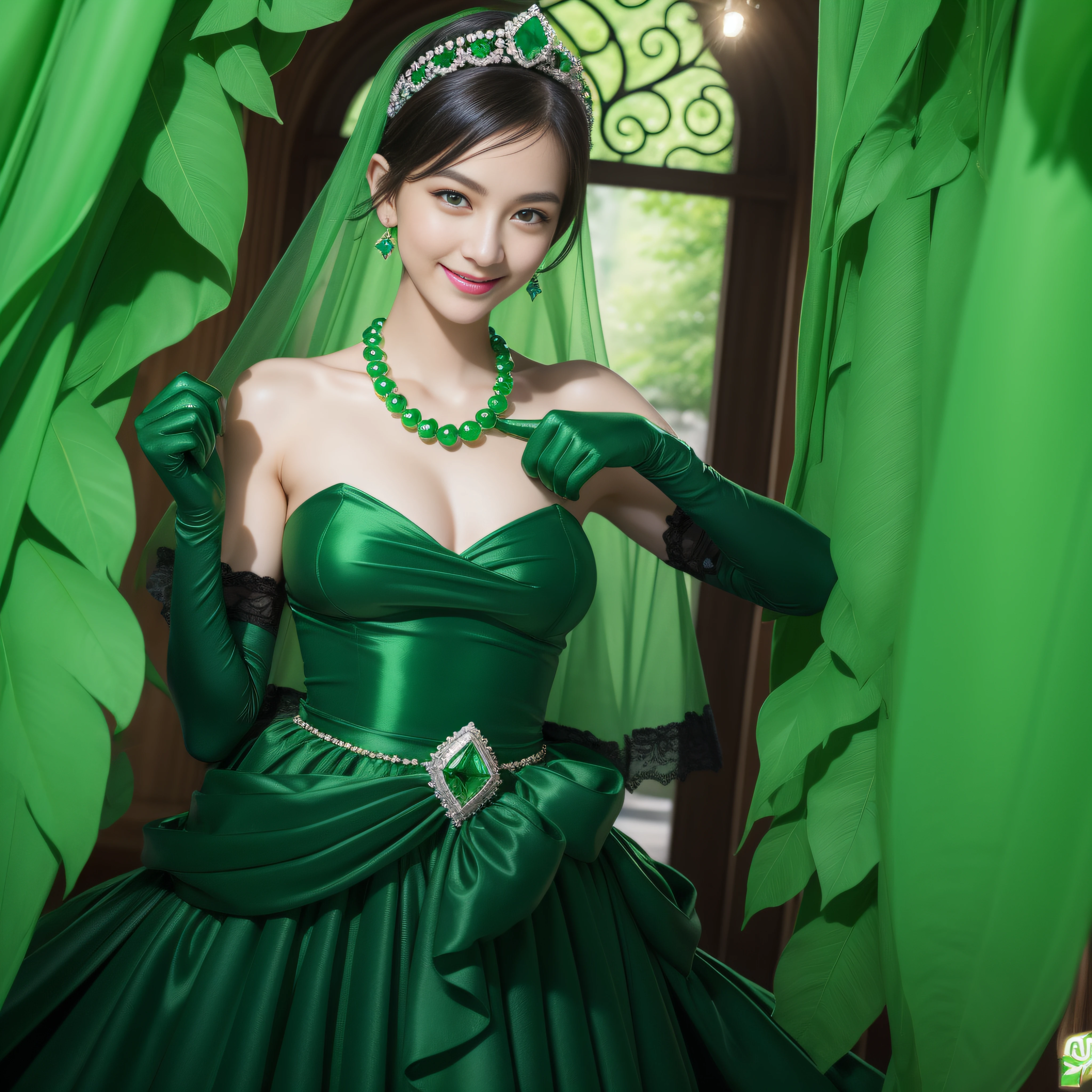 emerald tiara, Green Pearl Necklace, Boyish very short black hair, lipsticks, Japan woman smiling, very short short hair, big breasts beautiful, Green eyes, Long green gloves made of satin material, Green eyes, Emerald Earrings, Green dress