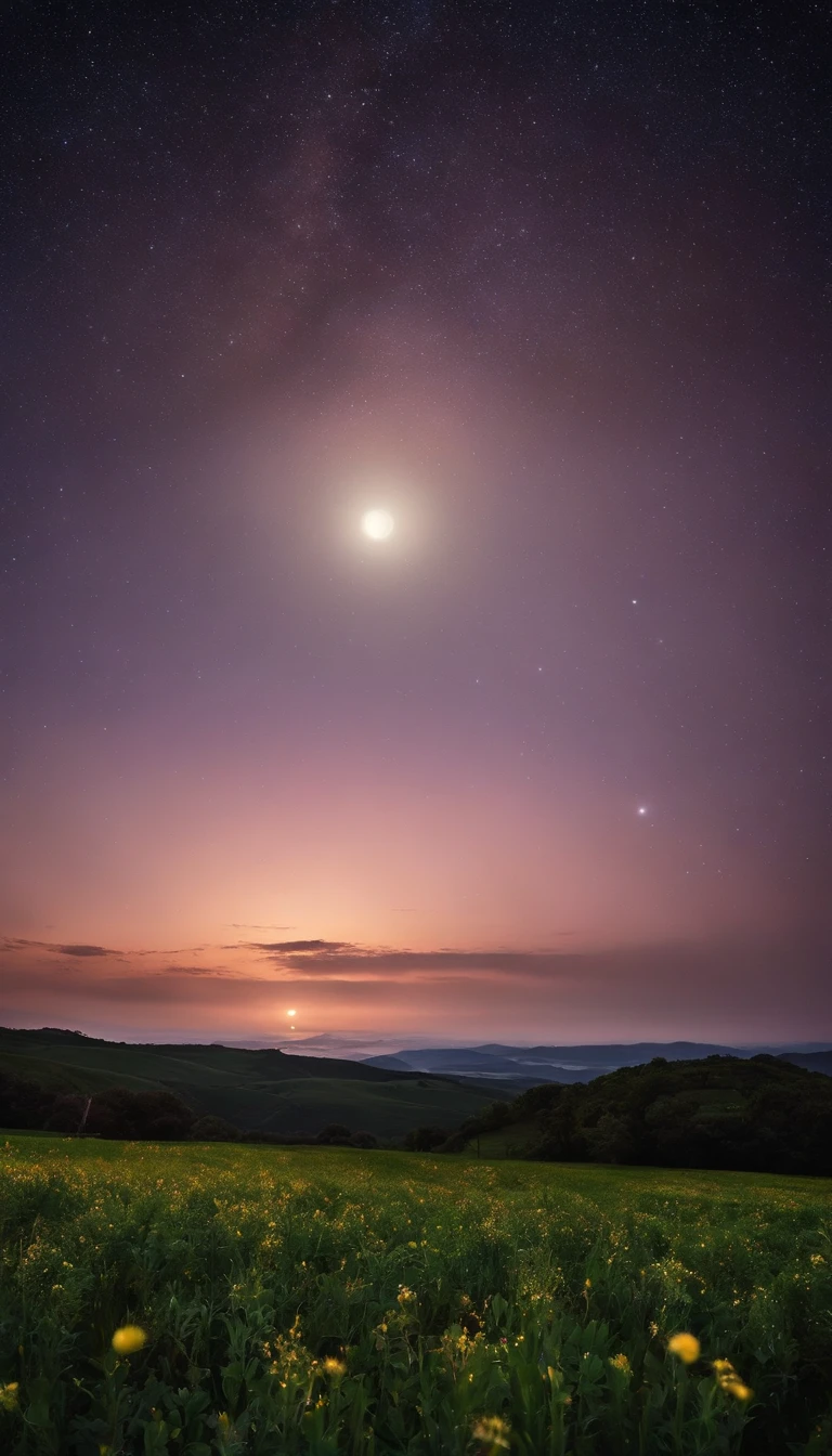 uma imagem noturna no campo, Starry sky and full moon