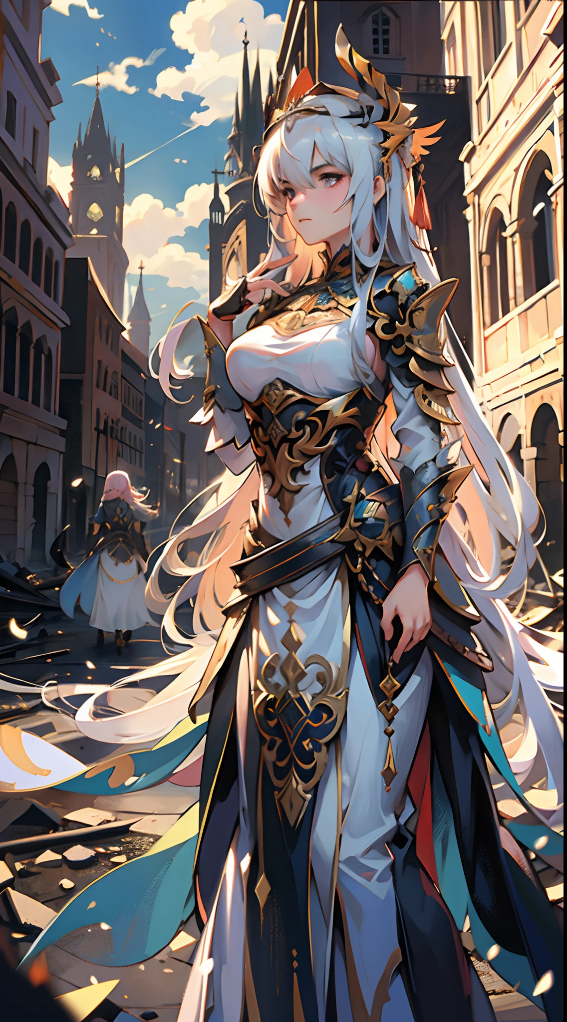 ((duas mulheres, Standing in ruined buildings, Close-up, Realistic)) visuais realistas, artistic refinement, beleza cativante, dramatic contrasts, 8k 壁纸, Absurdidade, incredibly absurdness, armadura dourada, Gadaxintai Gaodanvshen, (segurando espada de prata)), cabelo flutuando no ar, ((em batalha)), ((best quality: 1.5))