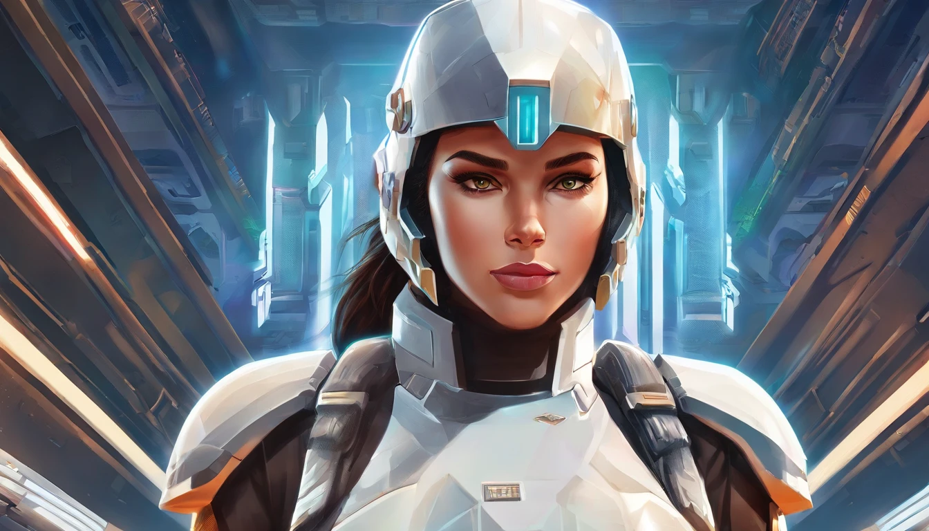Close-up of a female Imperial stormtrooper with the city in the background, inspired by concept art by Magalie Villeneuve, trending on cg society, AB ""Star Wars": The Old Republic", influenced by Ralph McQuarrie's concept art. The stormtrooper has a strong and confident expression on his face, emphasizing detailed facial features, such as beautiful detailed eyes, detailed lips, and extremely detailed eyes and face. She is dressed in the traditional white armor of a stormtrooper, With a sleek and futuristic design. A work of art is visualized in an environment, combining elements of illustration, 3D Rendering, and photography, The result is a visually stunning and immersive piece. The colors and lighting are bright and dynamic, Enhancing the overall atmosphere of the artwork. Image quality is paramount, With the best quality, 4K or 8K resolution, hight resolution, And a masterpiece:1.2, which makes it a true masterpiece in terms of quality and detail.