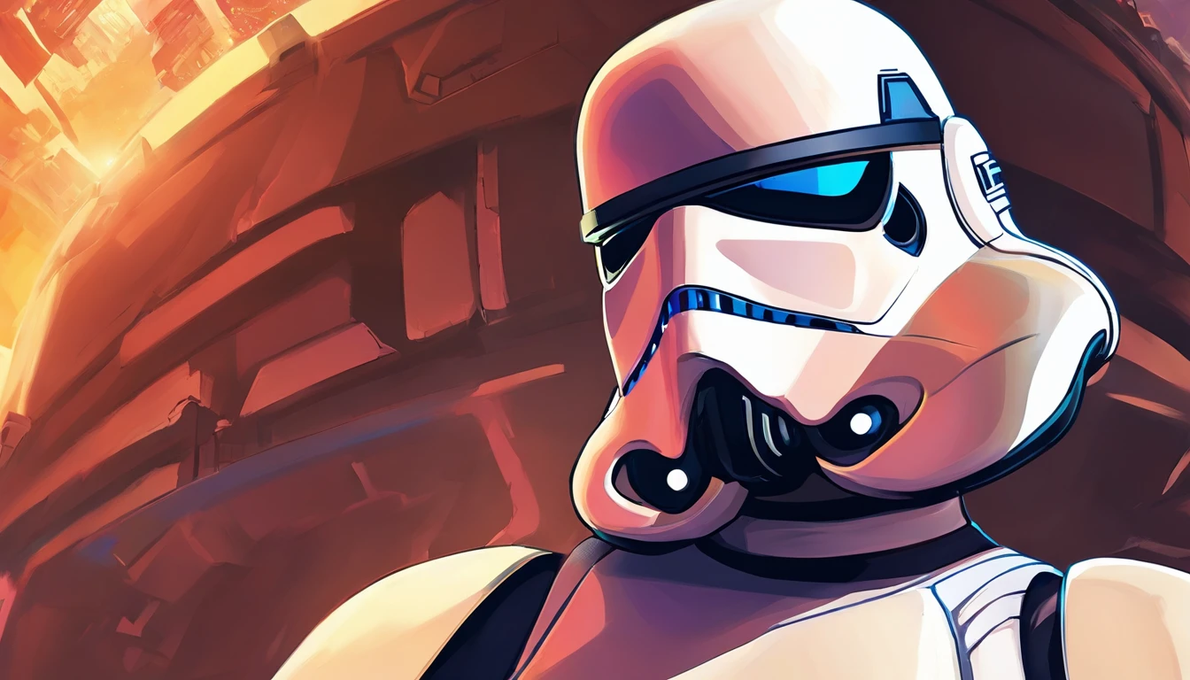 Close-up of a female Imperial stormtrooper with the city in the background,  inspired by concept art by Magalie Villeneuve, trending on cg society, AB ""Star Wars": The Old Republic", influenced by Ralph McQuarrie's concept art. The stormtrooper has a strong and confident expression on his face, emphasizing detailed facial features, such as beautiful detailed eyes, detailed lips, and extremely detailed eyes and face. She is dressed in the traditional white armor of a stormtrooper, With a sleek and futuristic design. A work of art is visualized in an environment, combining elements of illustration, 3D Rendering, and photography, The result is a visually stunning and immersive piece. The colors and lighting are bright and dynamic, Enhancing the overall atmosphere of the artwork. Image quality is paramount, With the best quality, 4K or 8K resolution, hight resolution, And a masterpiece:1.2, which makes it a true masterpiece in terms of quality and detail.