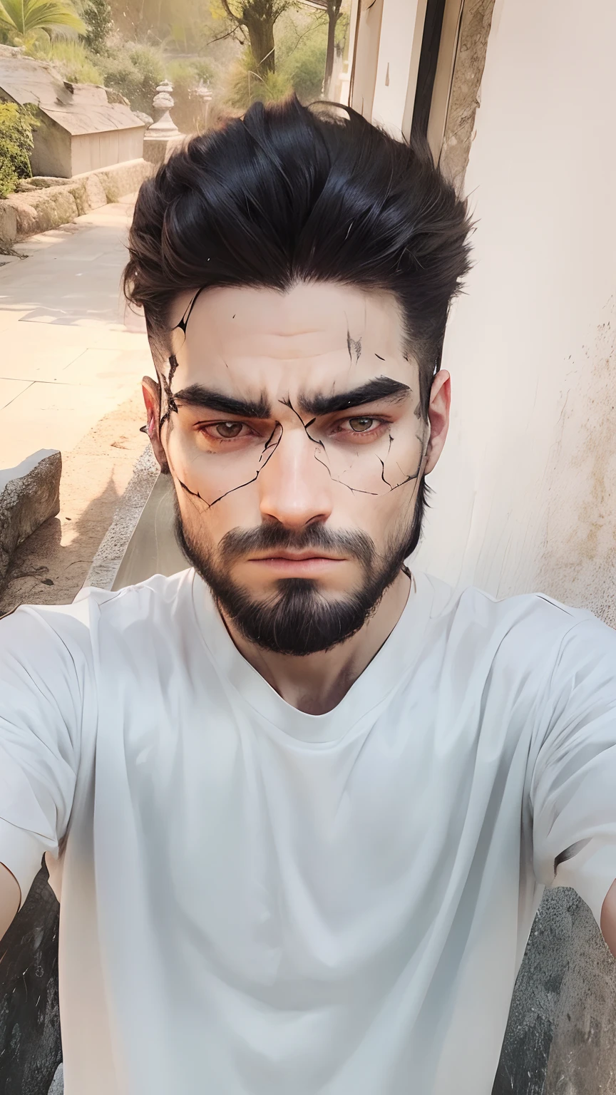 man,detailed black eyes,long black hair resembling the night,pale skin,visible dark circles,athletic body but covered in scars,ominous atmosphere,gothic aesthetic,nightmare-like appearance,intense gaze,mysterious aura, sinuous and tense posture,dramatic shadows and lighting,vivid contrast between light and dark,hint of danger,enchanted atmosphere